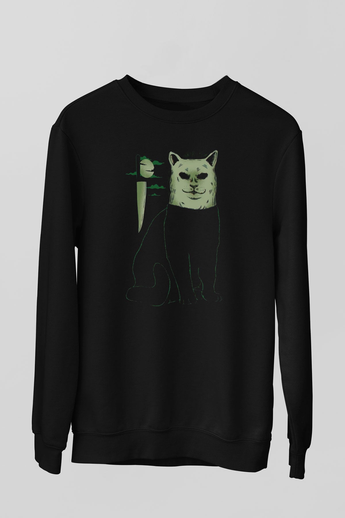 Katil Kedi Baskılı Unisex Siyah  Sweatshirt