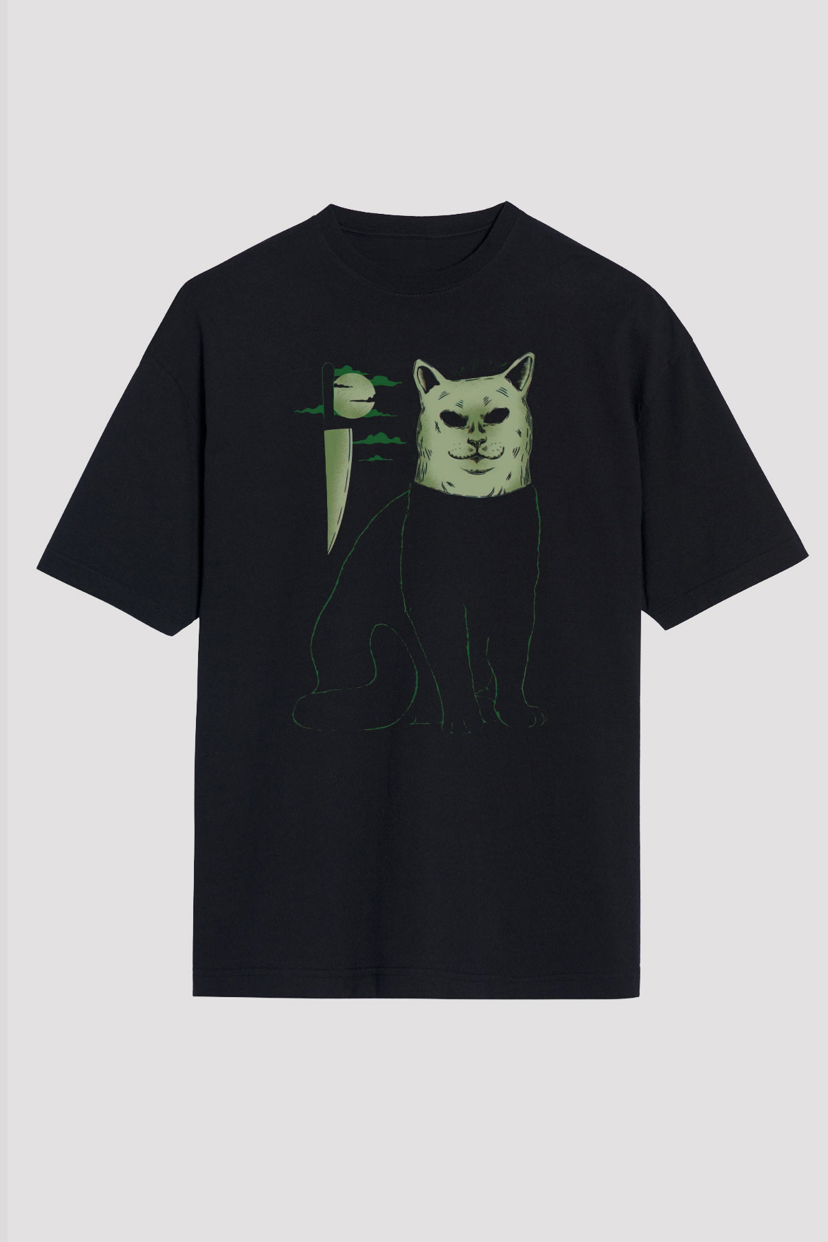 Katil Kedi Baskılı Oversize Siyah Tişört