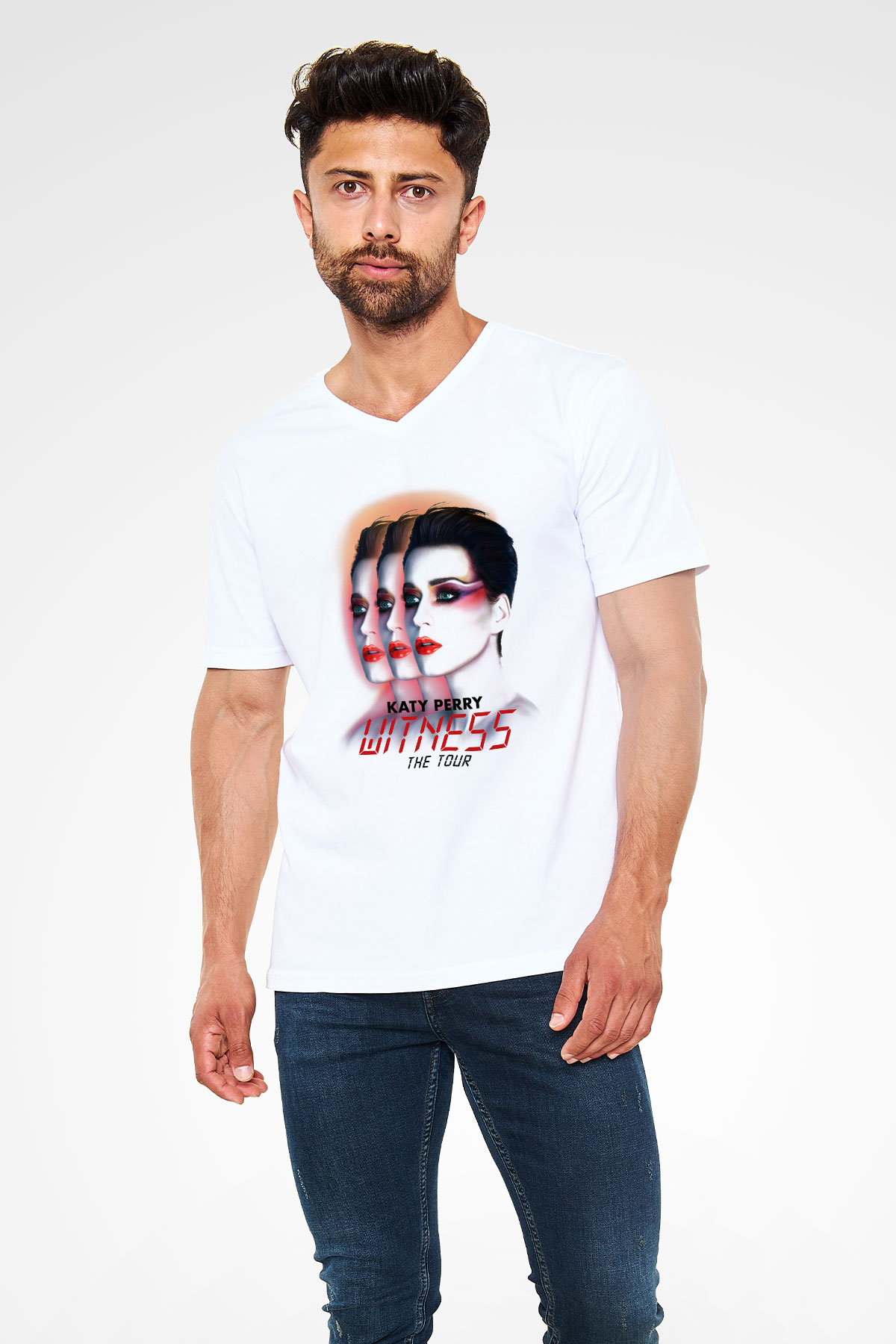 Katy Perry Beyaz Unisex V Yaka Tişört T-Shirt