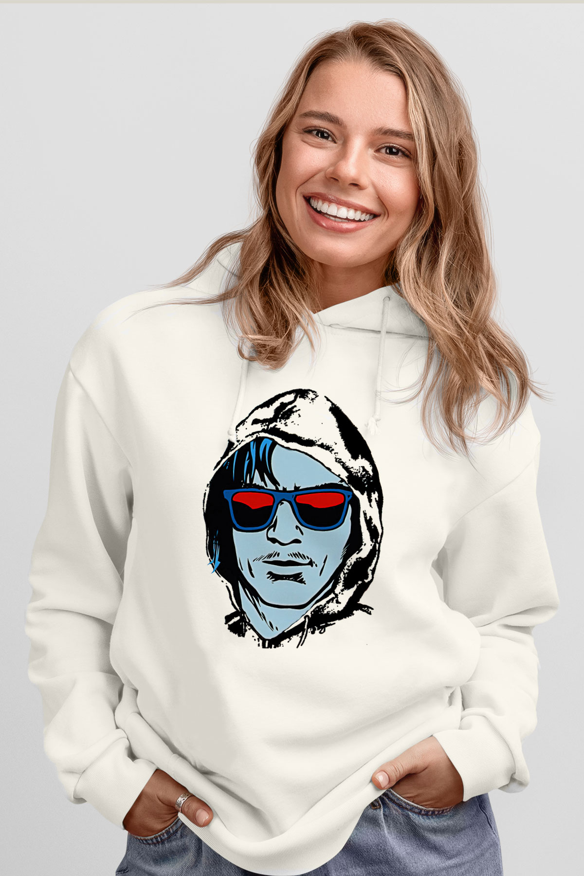 Kavinsky Baskılı Beyaz Unisex Hoodie