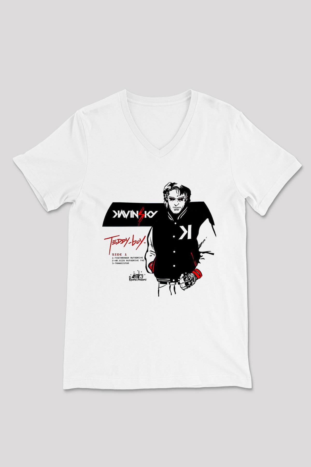 Kavinsky Baskılı Beyaz Unisex V Yaka Tişört - Tshirt