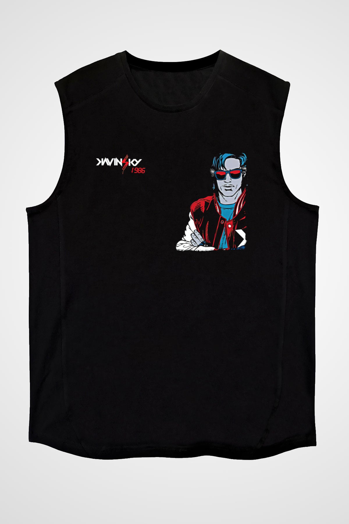 Kavinsky Baskılı Unisex Siyah Kolsuz Tişört - Tshirt