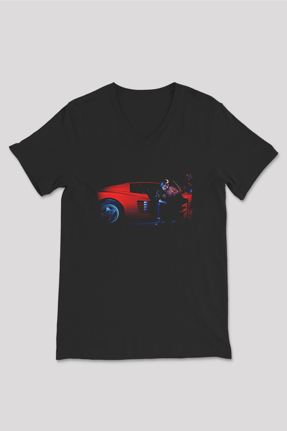 Kavinsky Baskılı Unisex Siyah V Yaka Tişört - Tshirt