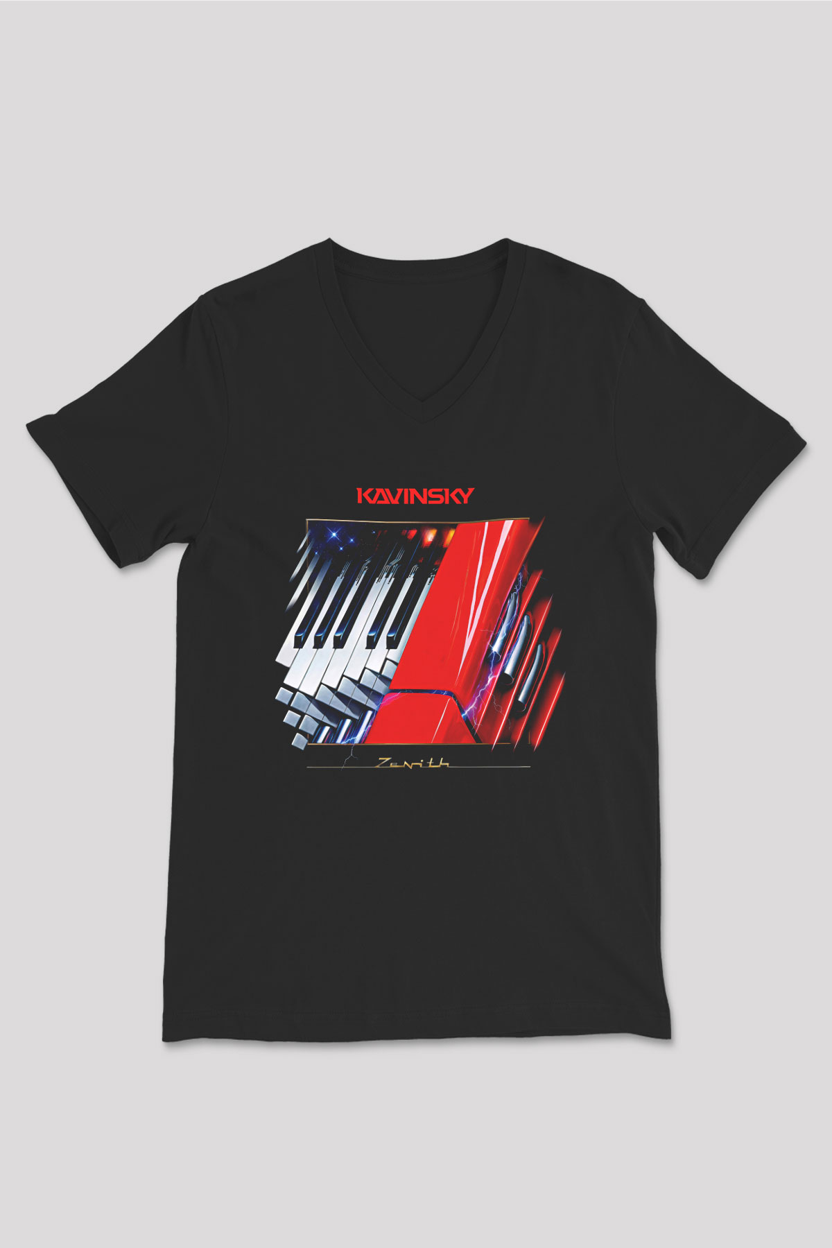 Kavinsky Baskılı Unisex Siyah V Yaka Tişört - Tshirt