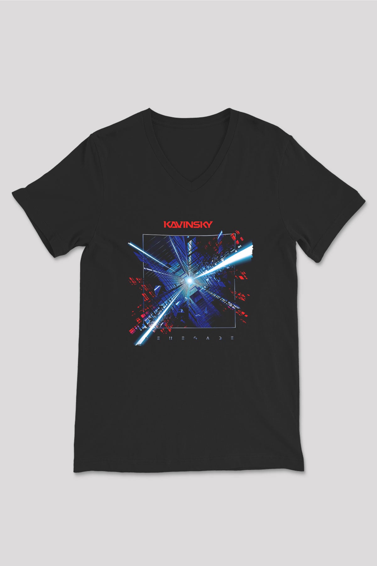 Kavinsky Baskılı Unisex Siyah V Yaka Tişört - Tshirt