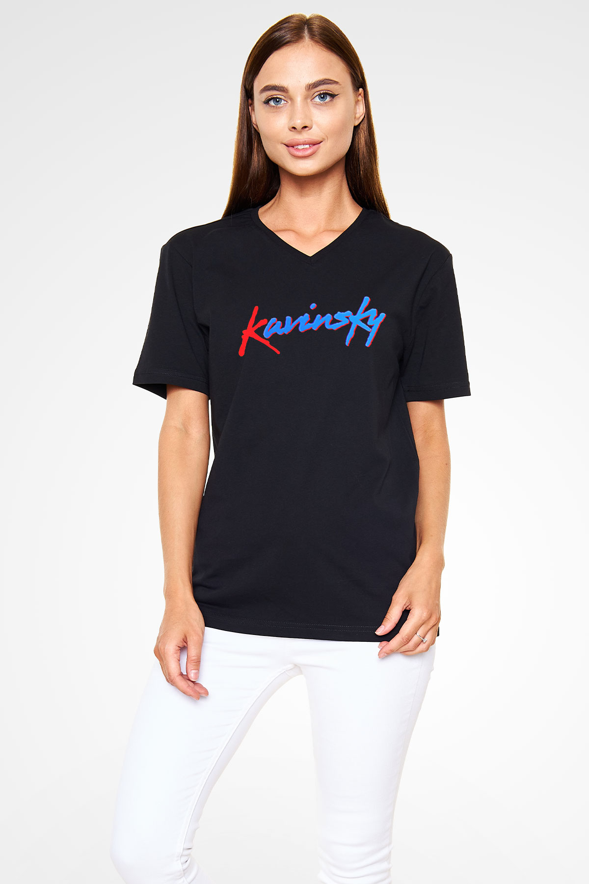 Kavinsky Baskılı Unisex Siyah V Yaka Tişört - Tshirt