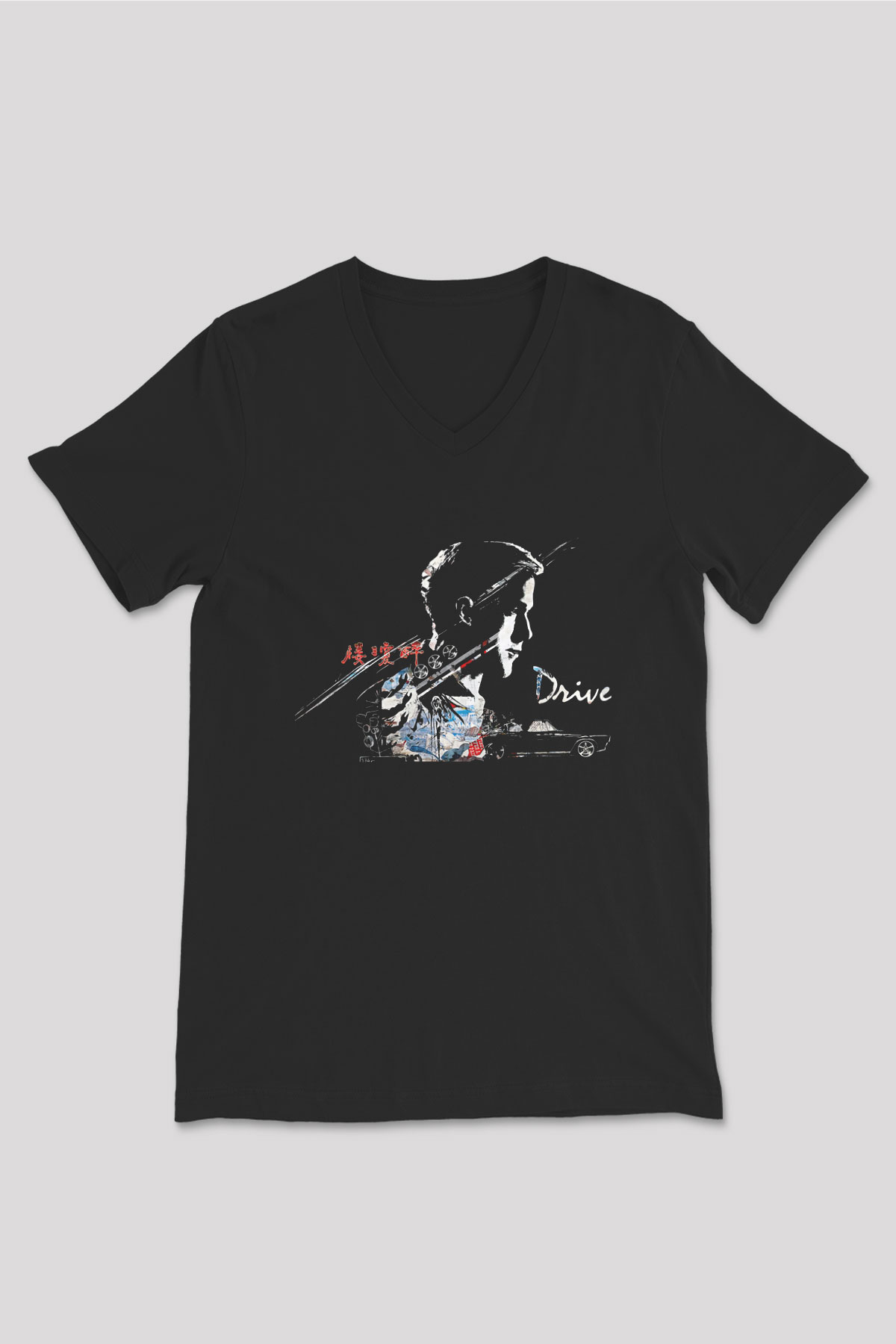 Kavinsky Baskılı Unisex Siyah V Yaka Tişört - Tshirt