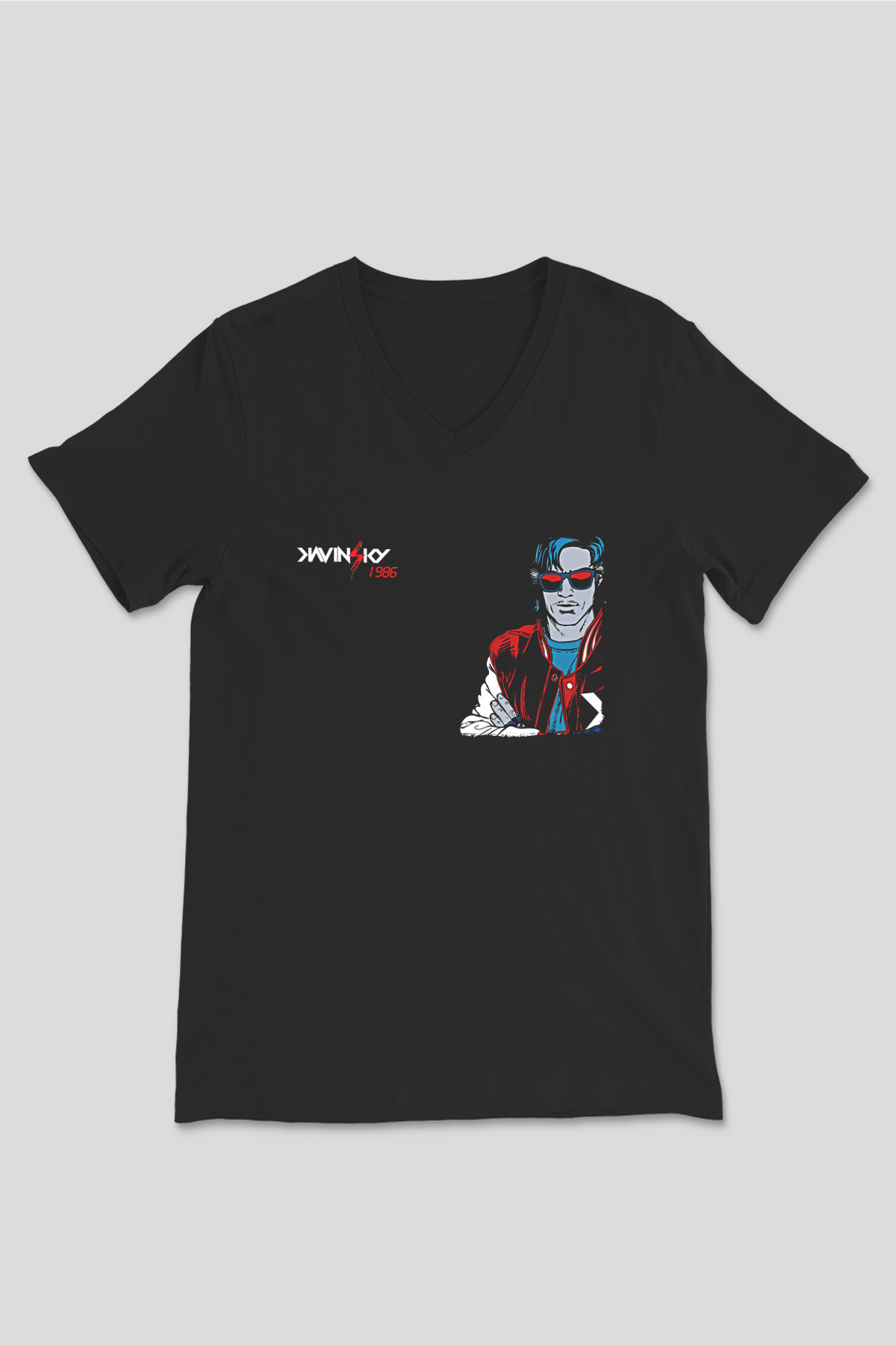 Kavinsky Baskılı Unisex Siyah V Yaka Tişört - Tshirt