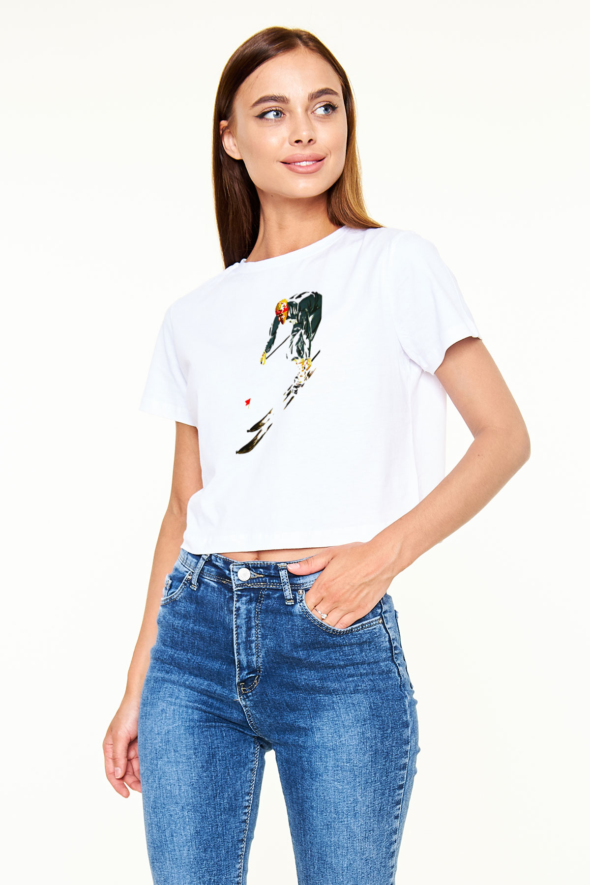 Kayak Baskılı Crop Top Beyaz Tişört - T-shirt