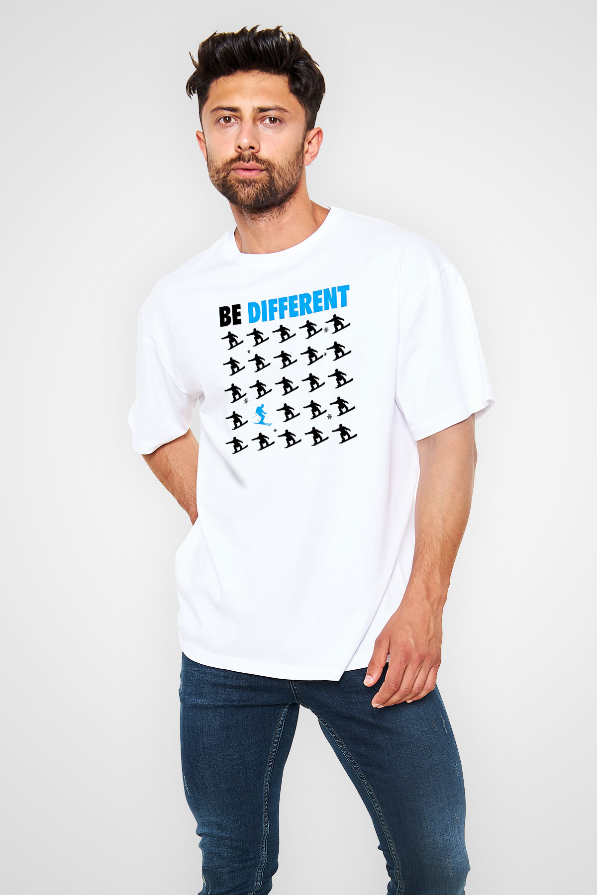Kayak Baskılı Unisex Beyaz Oversize Tişört - Tshirt