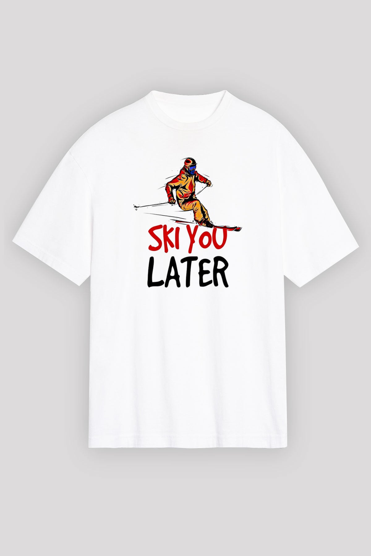 Kayak Baskılı Unisex Beyaz Oversize Tişört - Tshirt