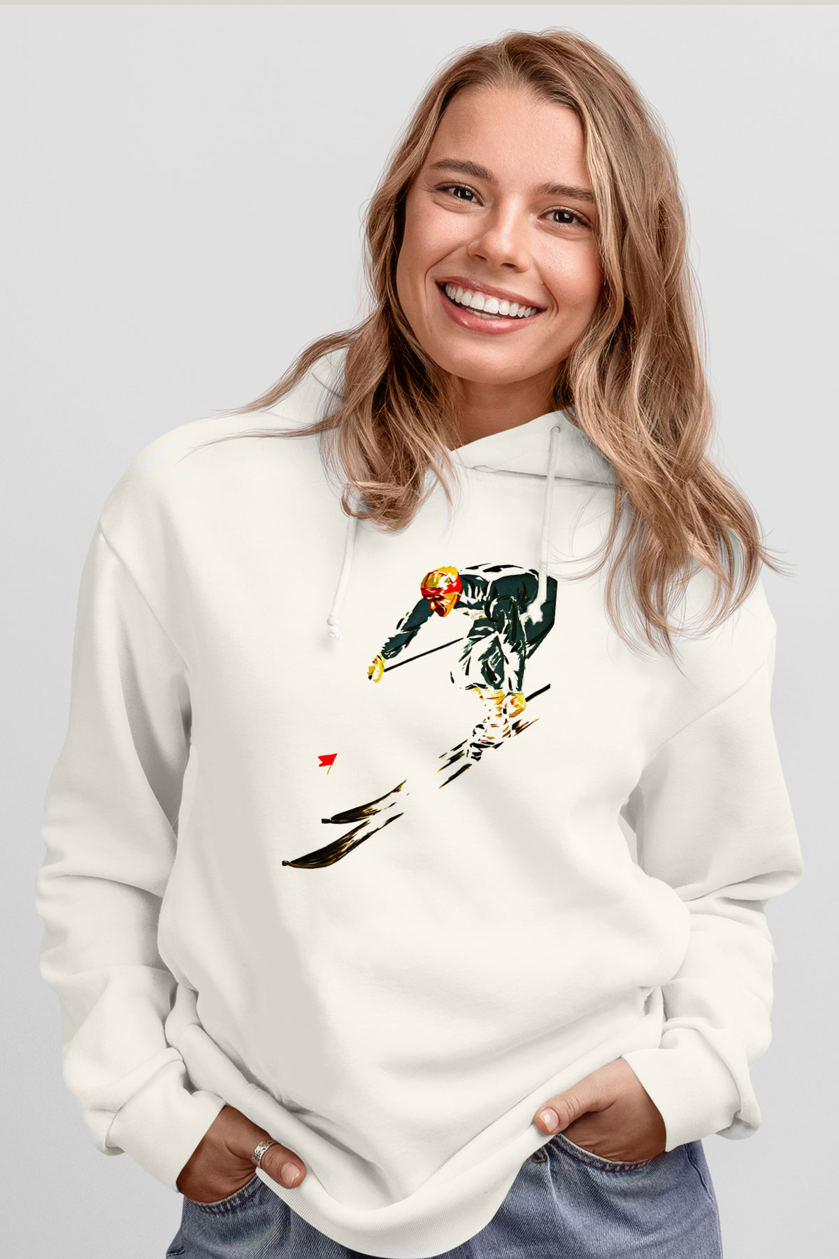 Kayak Baskılı Unisex Ekru Hoodie