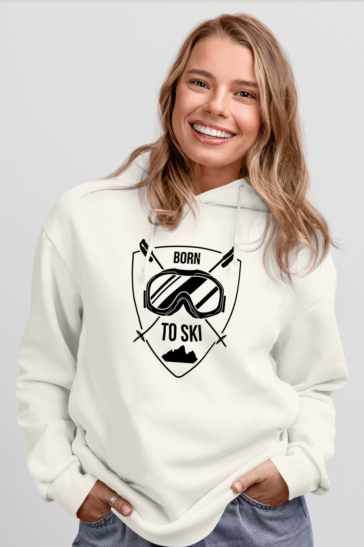 Kayak Baskılı Unisex Ekru Hoodie