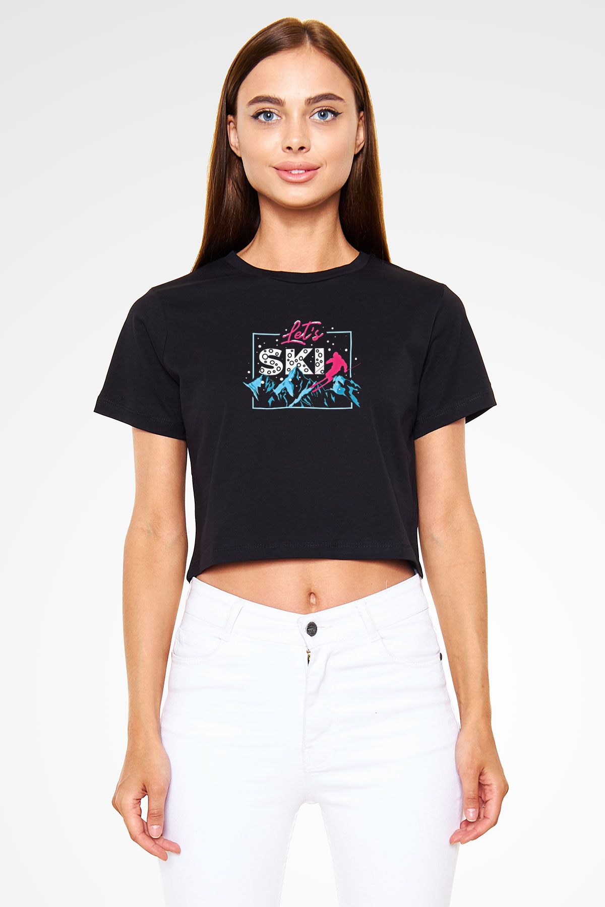 Kayak - Ski Baskılı Crop Top Siyah Kadın Tişört - Tshirt