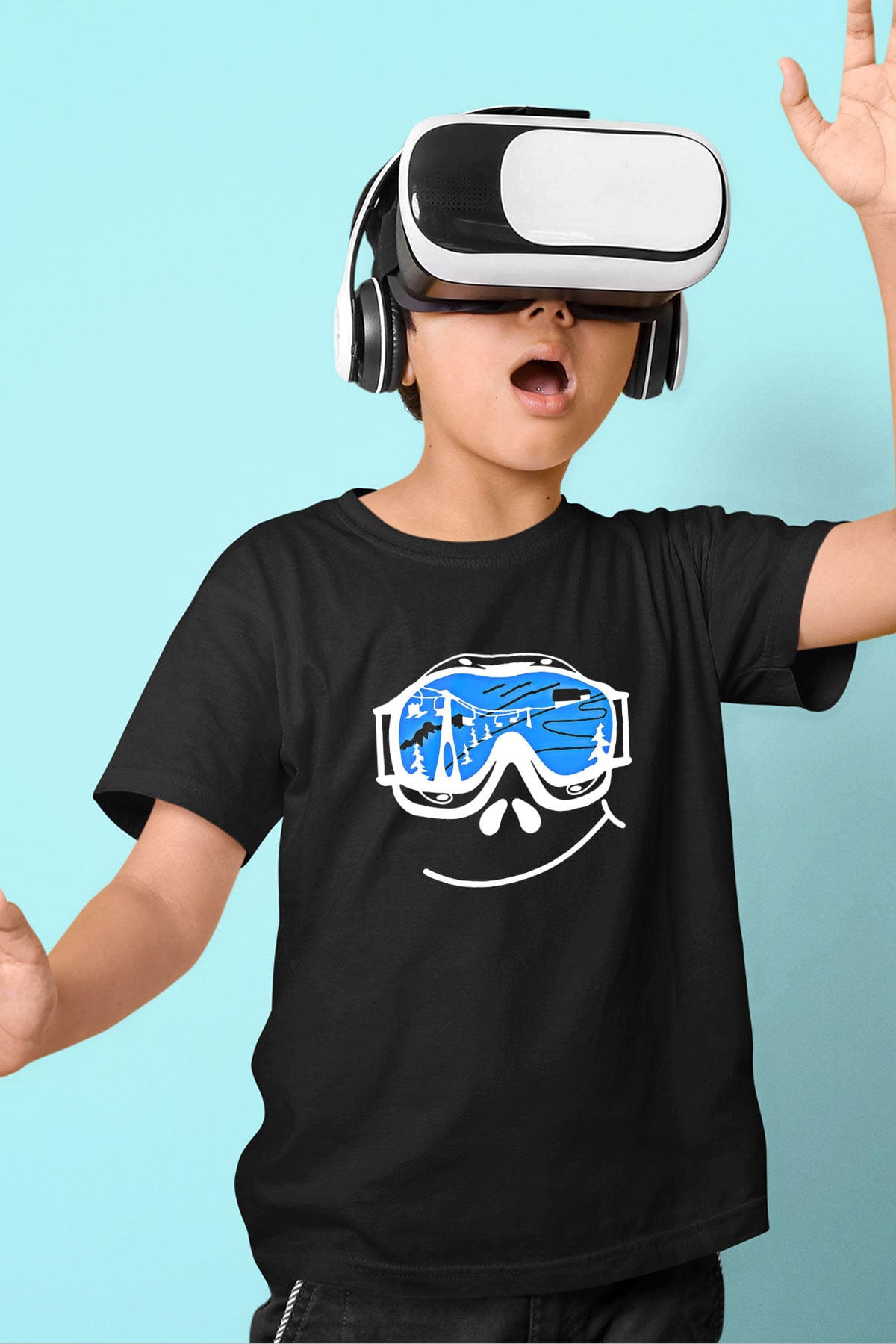 Kayak - Ski Baskılı Unisex Siyah Çocuk Tİşörtü - Tshirt