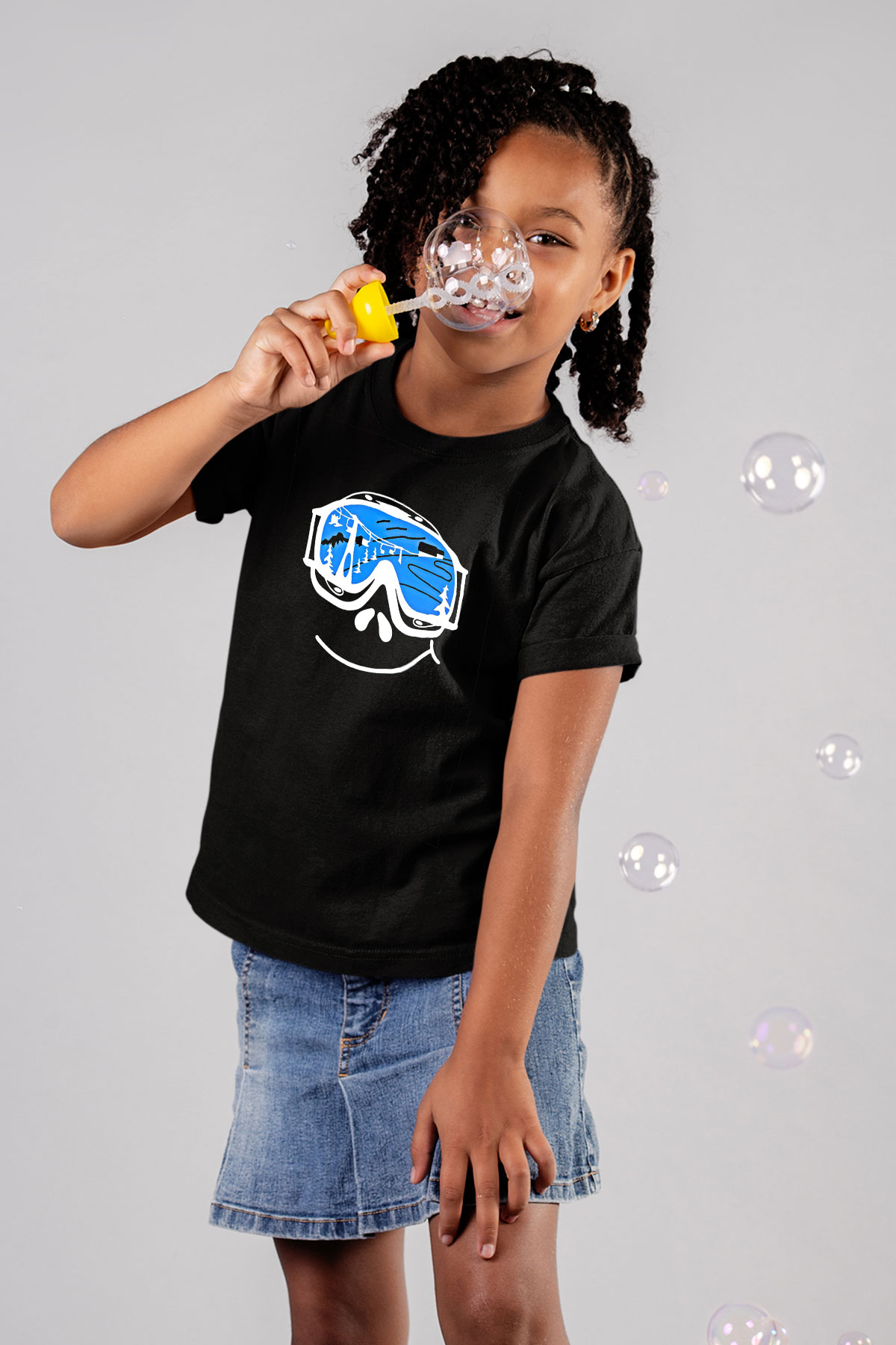Kayak - Ski Baskılı Unisex Siyah Çocuk Tİşörtü - Tshirt