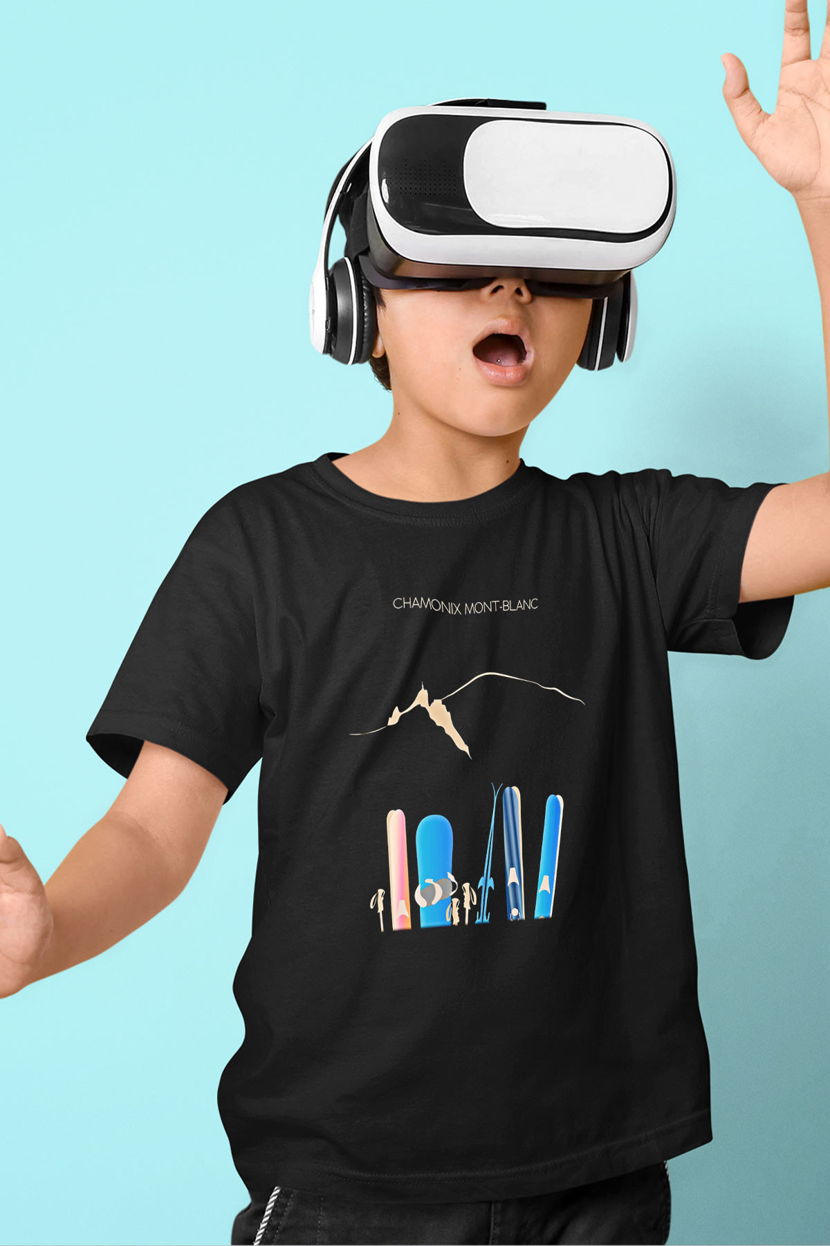 Kayak - Ski Baskılı Unisex Siyah Çocuk Tİşörtü - Tshirt