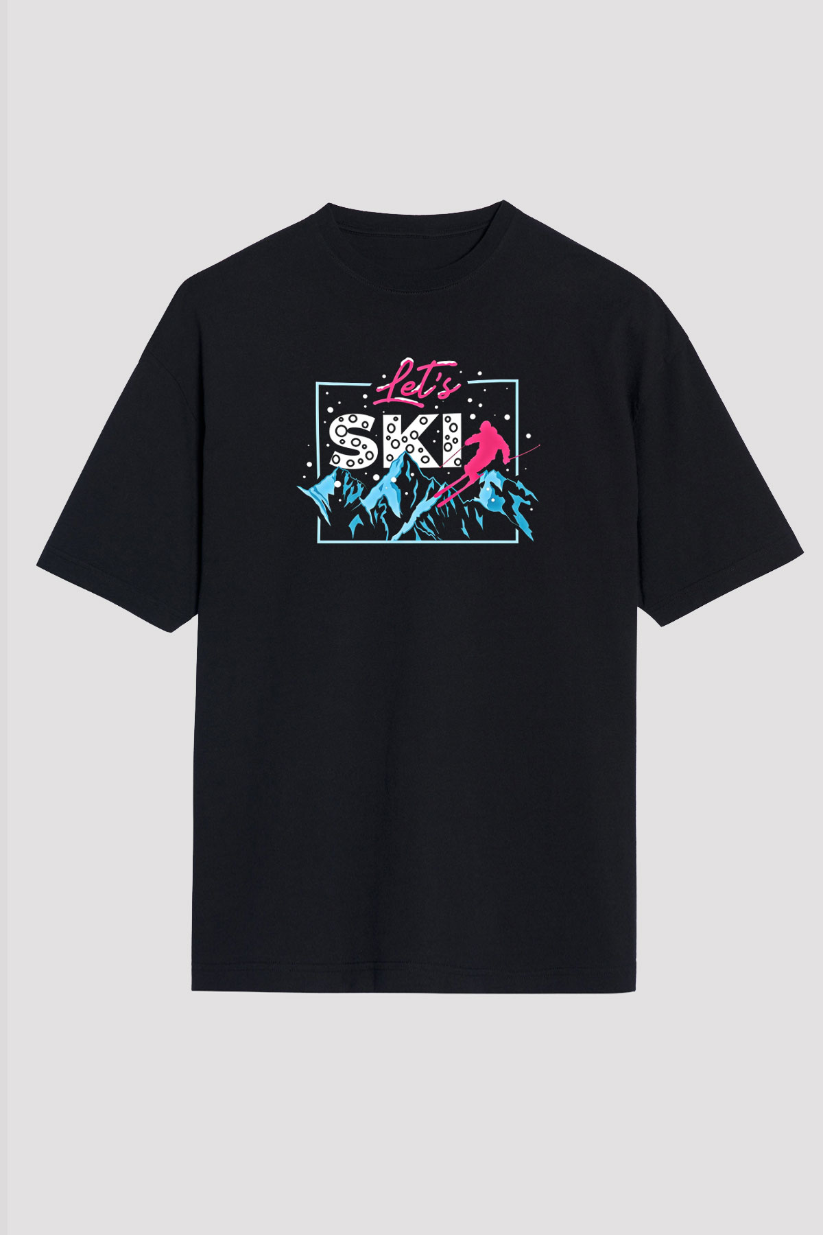 Kayak - Ski Baskılı Unisex Siyah Oversize Tişört