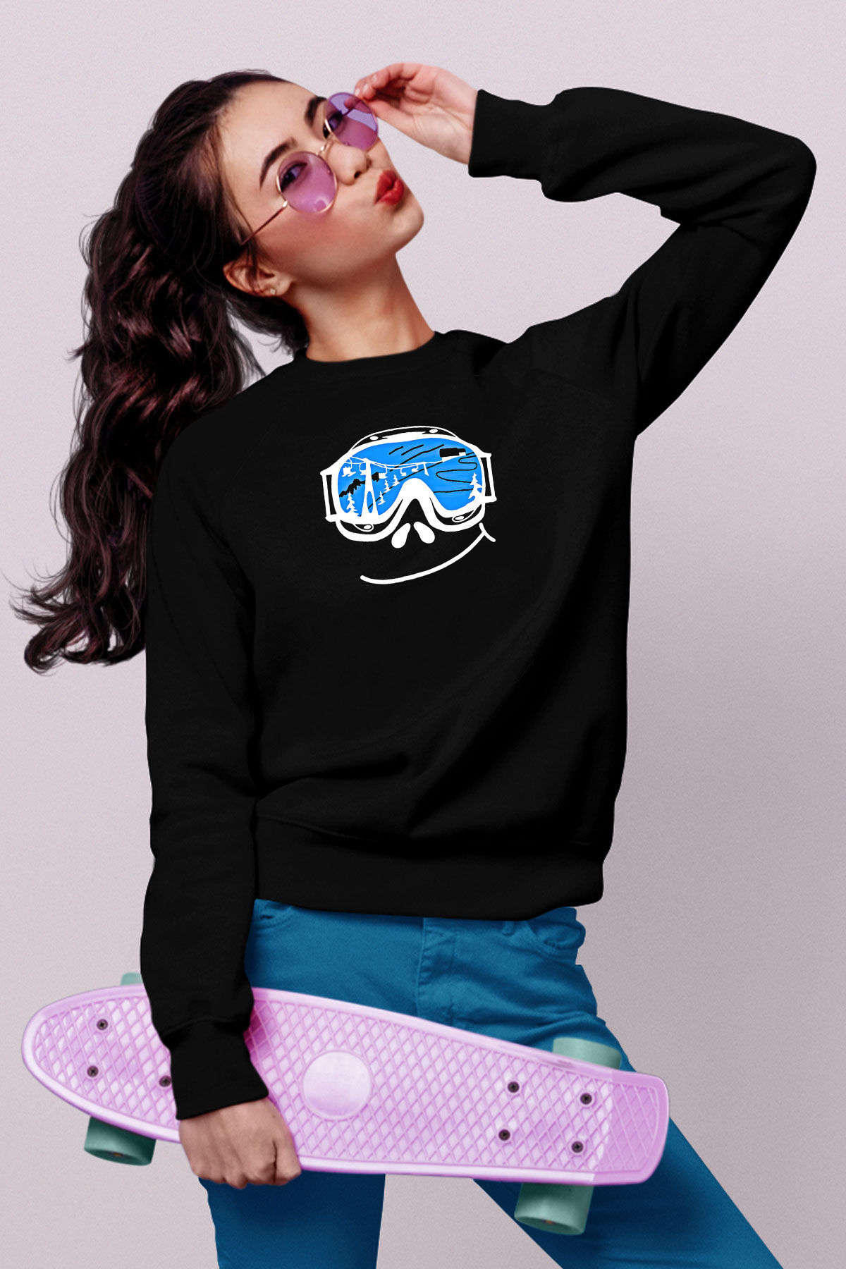 Kayak - Ski Baskılı Unisex Siyah Sweatshirt