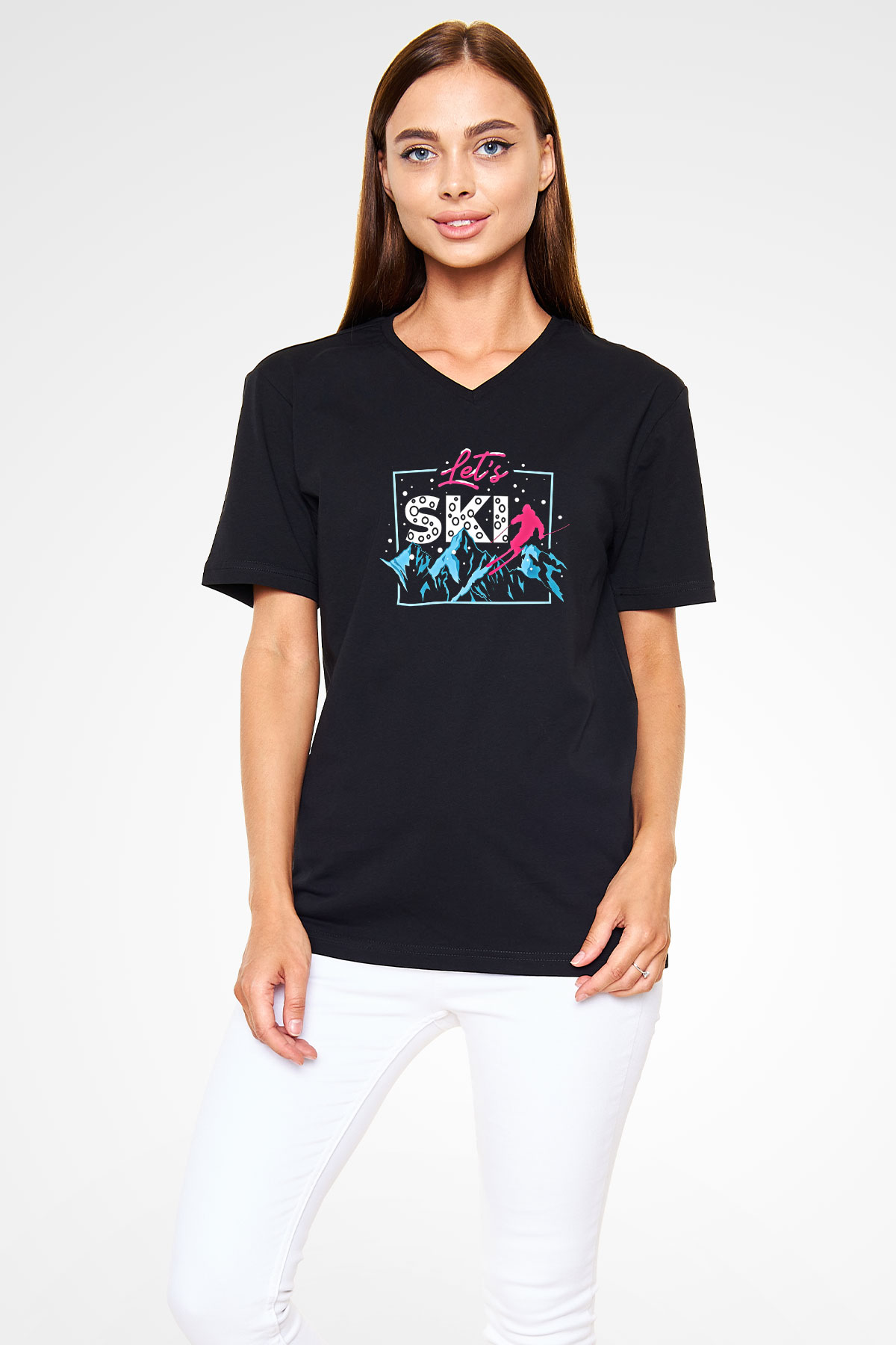 Kayak - Ski Baskılı Unisex Siyah V Yaka Tişört