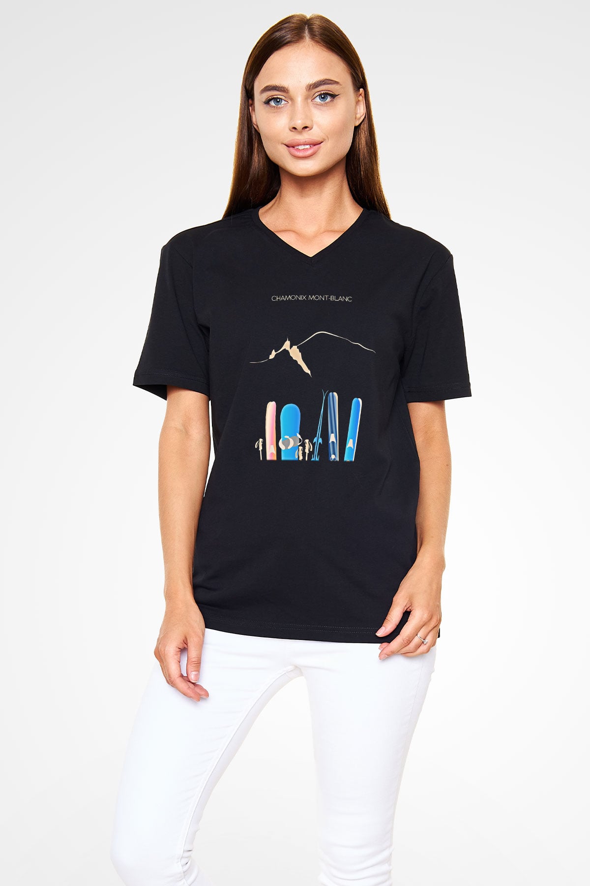 Kayak - Ski Baskılı Unisex Siyah V Yaka Tişört