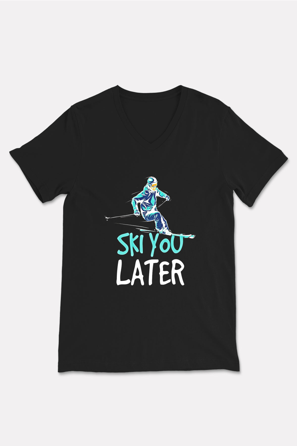 Kayak - Ski Baskılı Unisex Siyah V Yaka Tişört