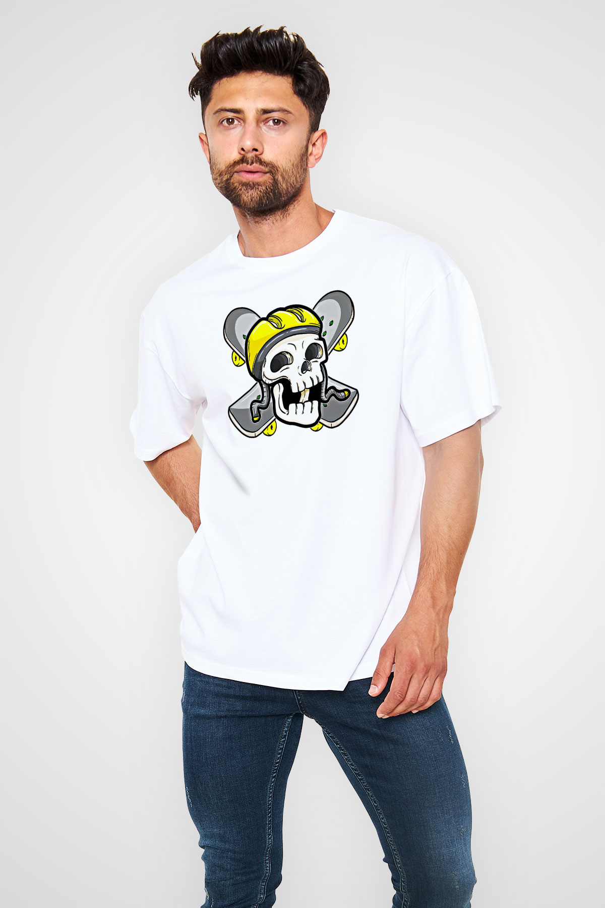 Kaykay Baskılı Unisex Beyaz Oversize Tişört - Tshirt