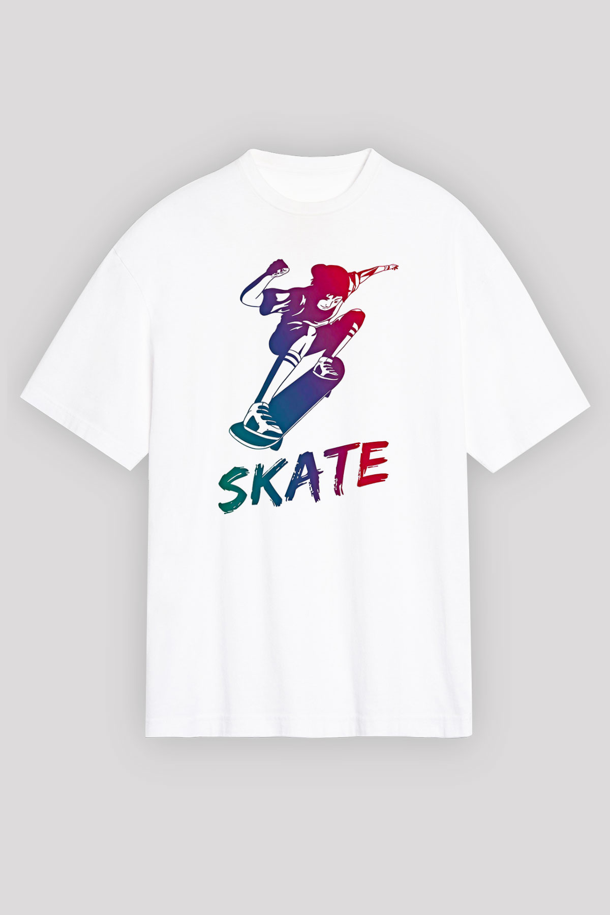 Kaykay Baskılı Unisex Beyaz Oversize Tişört - Tshirt