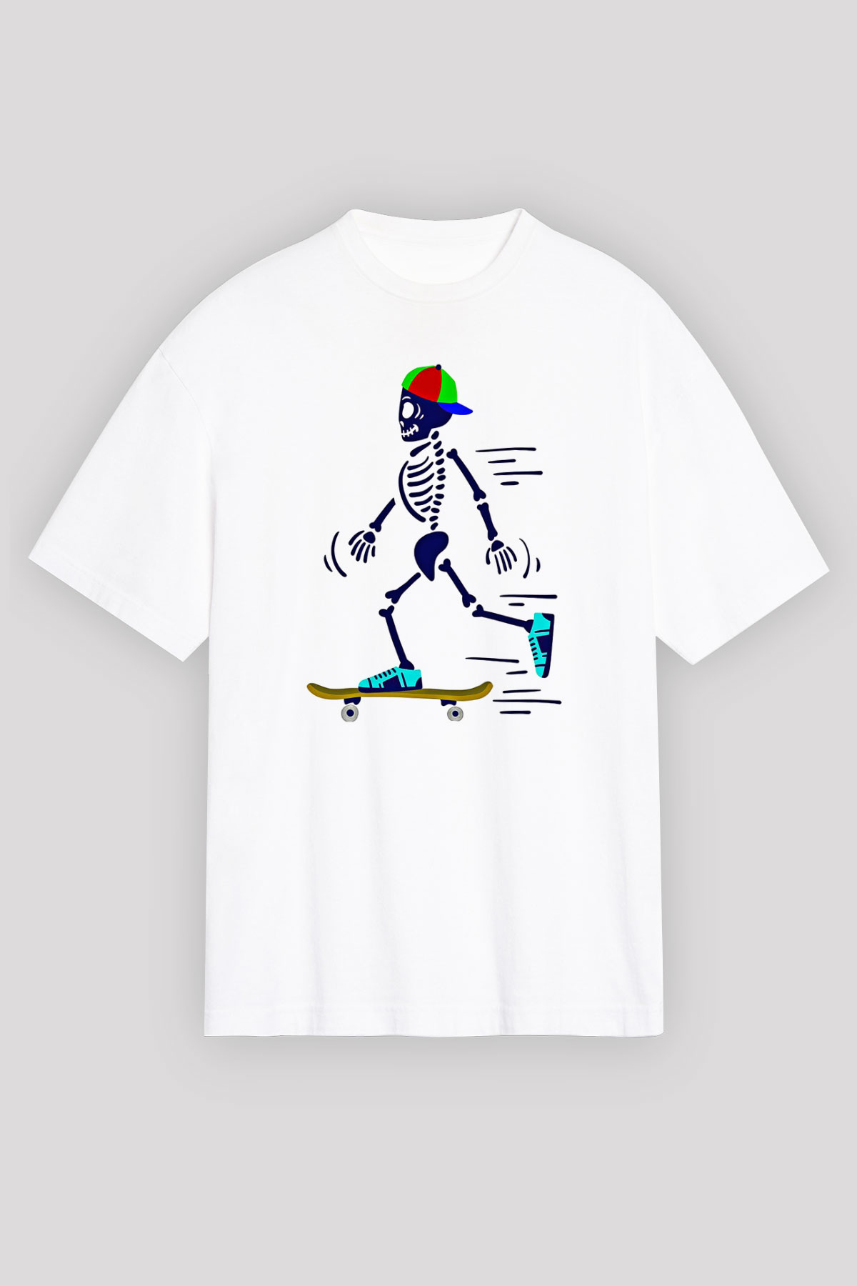 Kaykay Baskılı Unisex Beyaz Oversize Tişört - Tshirt