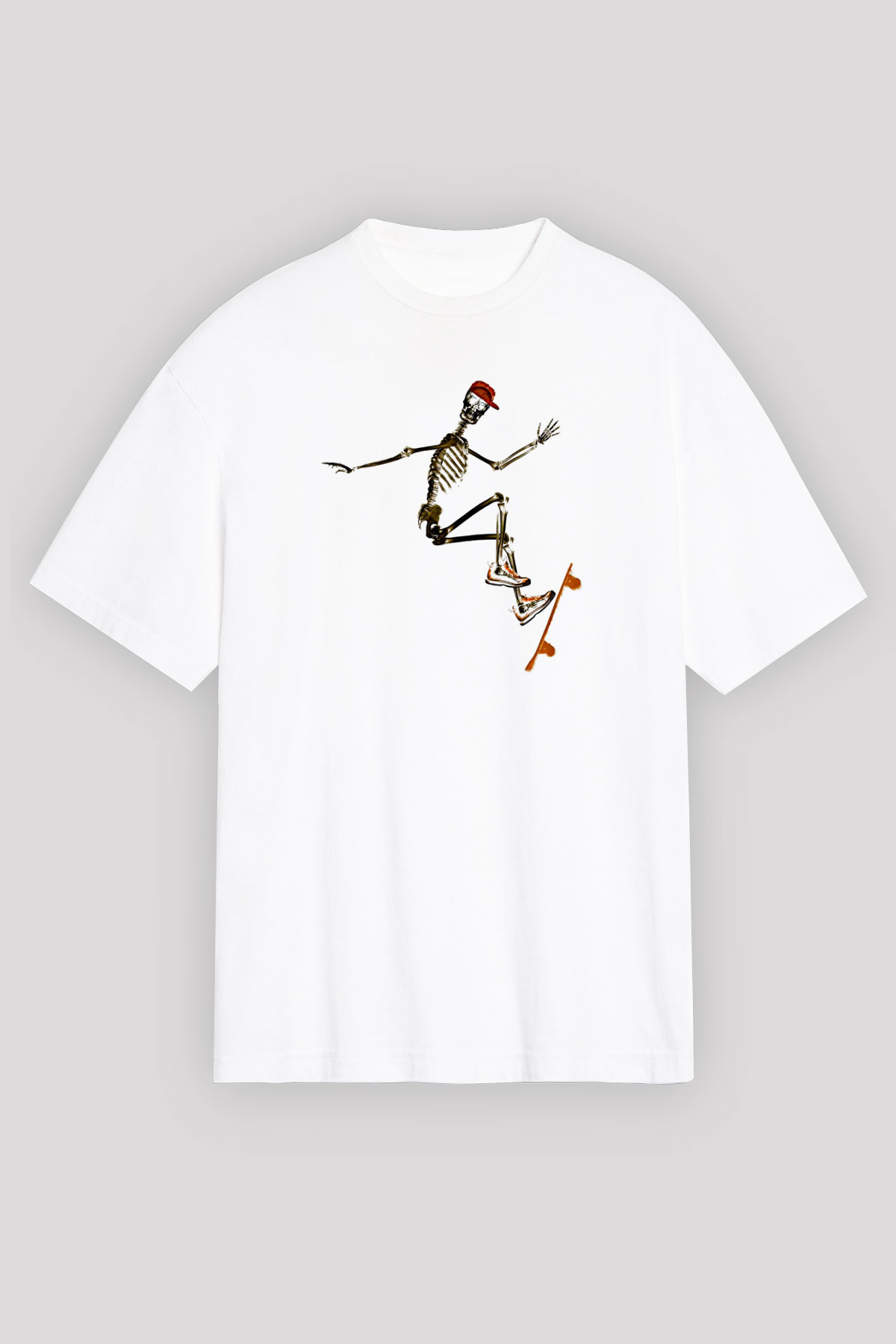 Kaykay Baskılı Unisex Beyaz Oversize Tişört - Tshirt