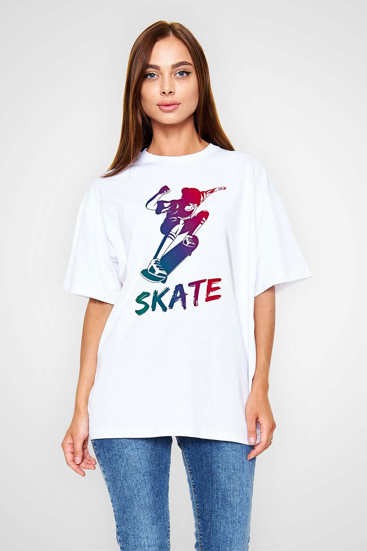 Kaykay Baskılı Unisex Beyaz Oversize Tişört - Tshirt