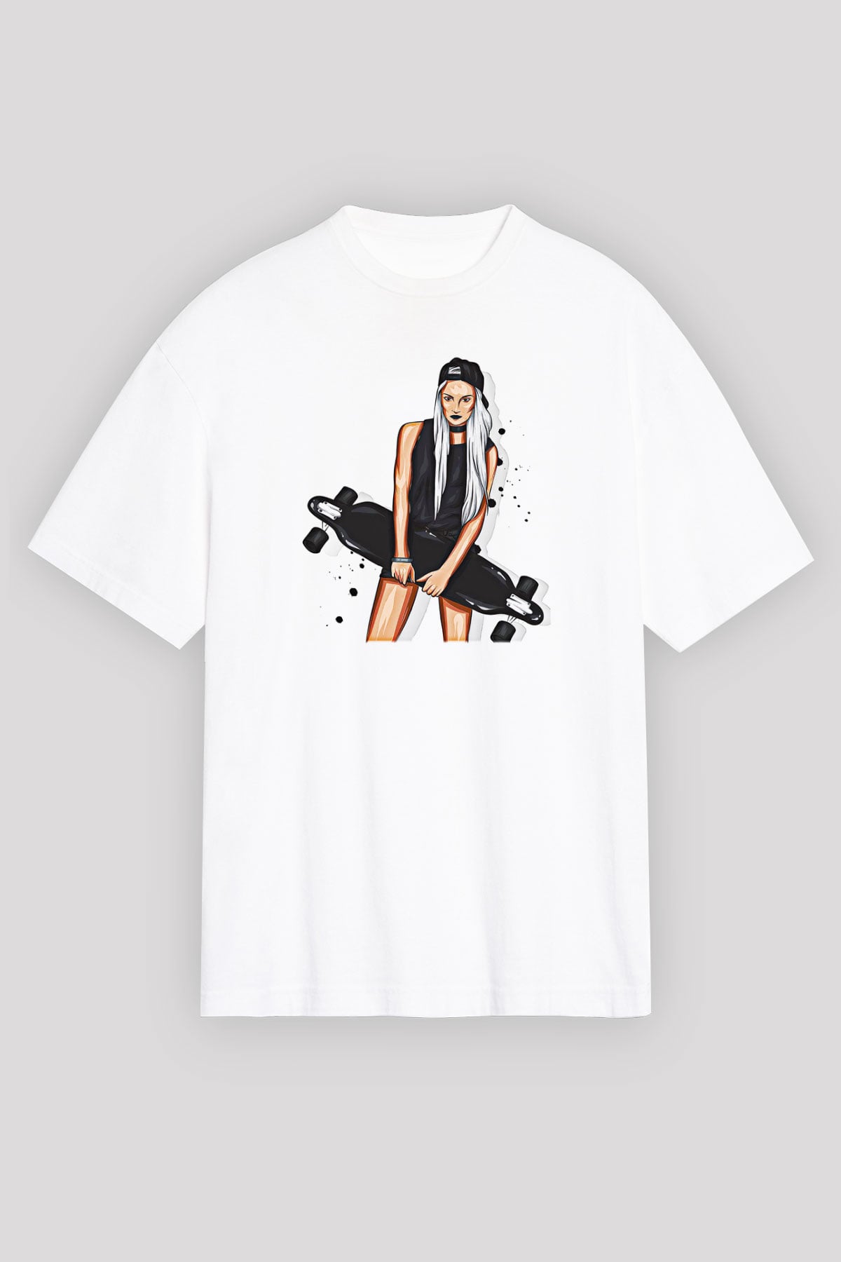 Kaykay Baskılı Unisex Beyaz Oversize Tişört - Tshirt