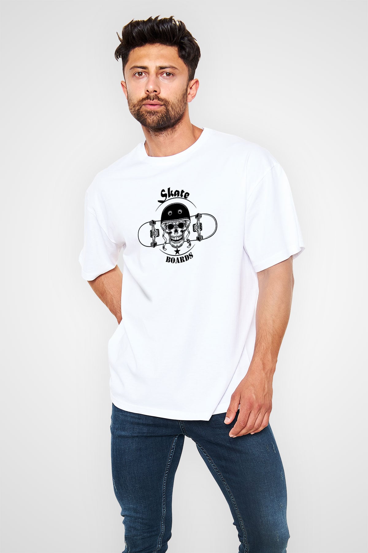 Kaykay Baskılı Unisex Beyaz Oversize Tişört - Tshirt