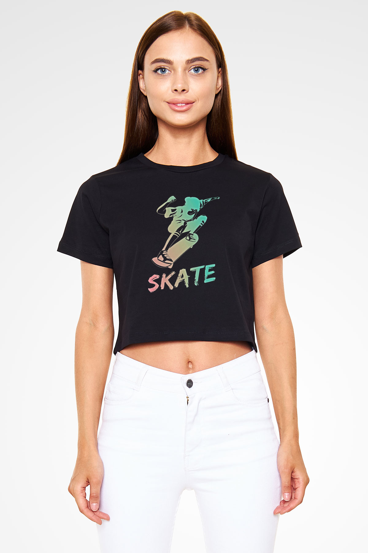 Kaykay - Skateboard Baskılı Crop Top Siyah Kadın Tişört - Tshirt