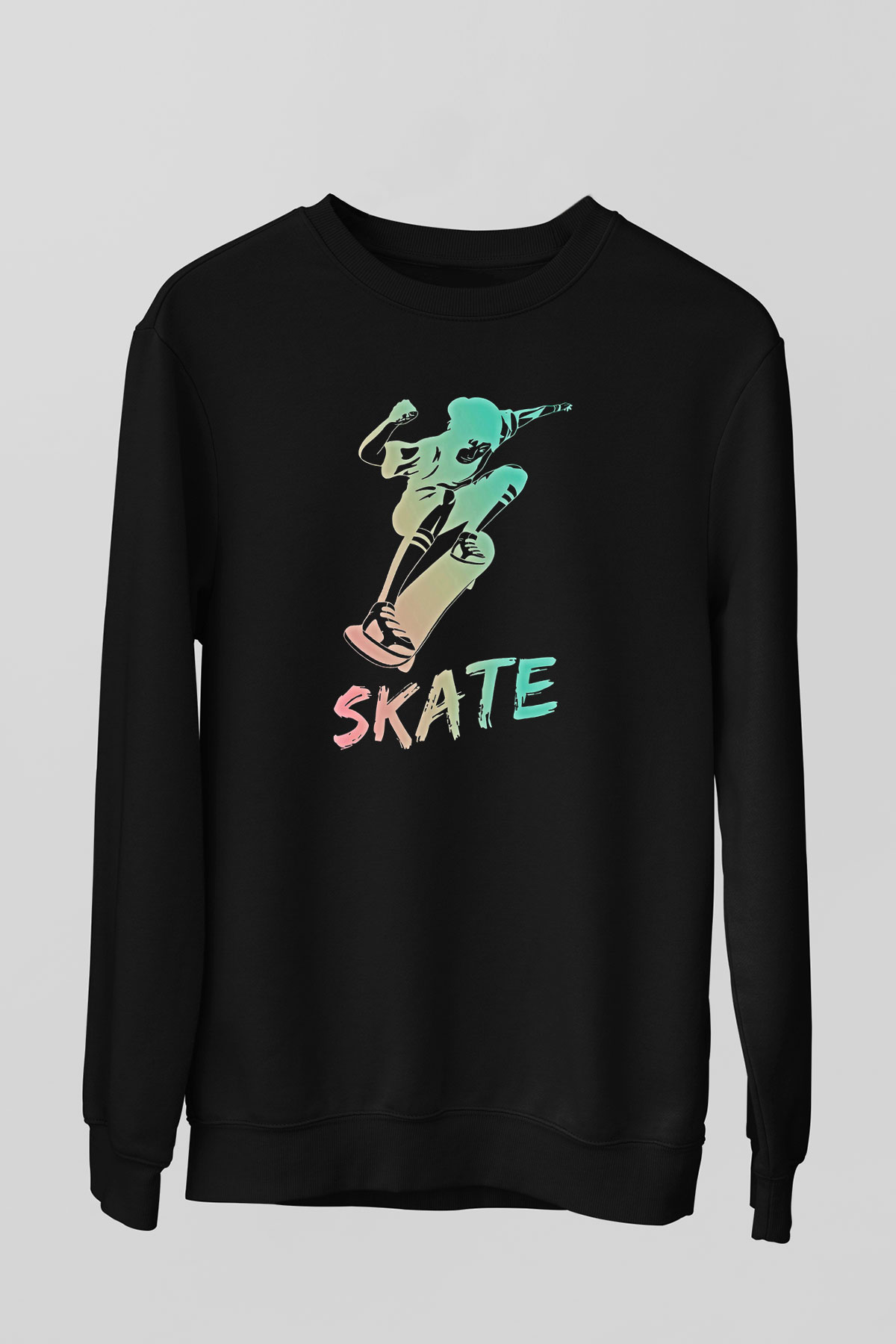 Kaykay - Skateboard Baskılı Unisex Siyah Sweatshirt