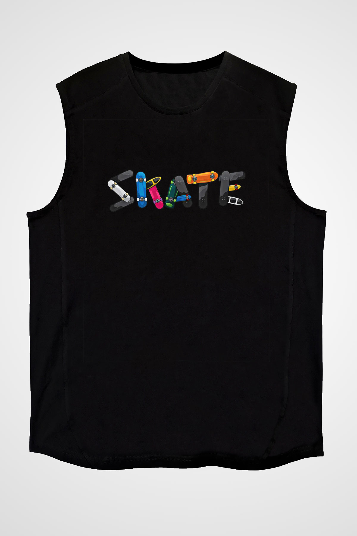Kaykay - Skateboard Baskılı Unisex Siyah Kolsuz Tişört