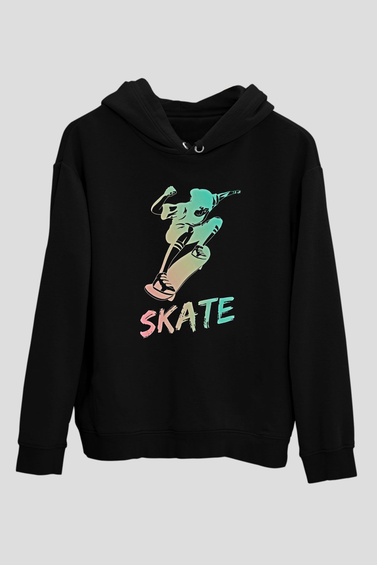 Kaykay - Skateboard Baskılı Unisex Siyah Hoodie