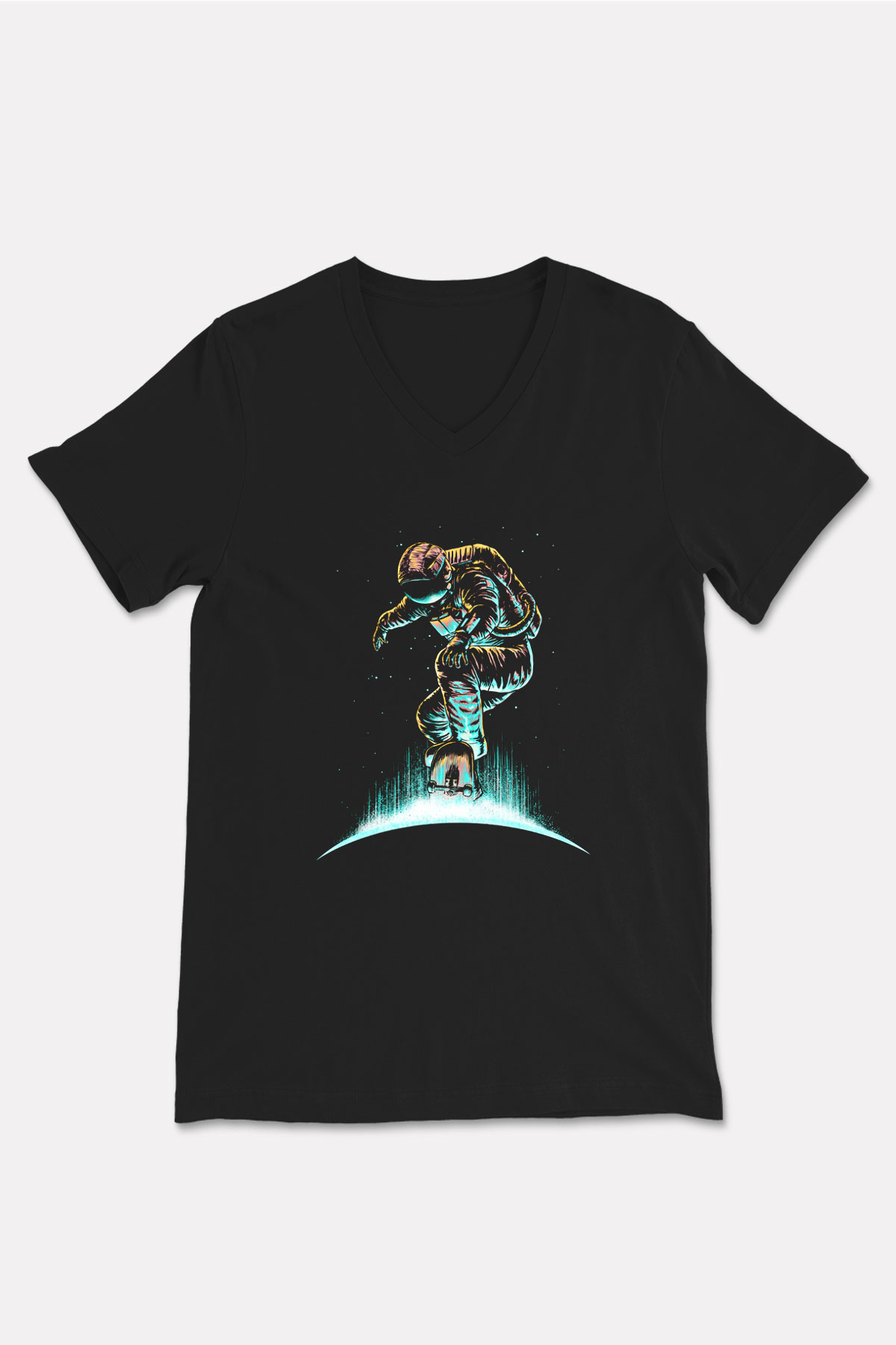 Kaykay - Skateboard Baskılı Unisex Siyah V Yaka Tişört
