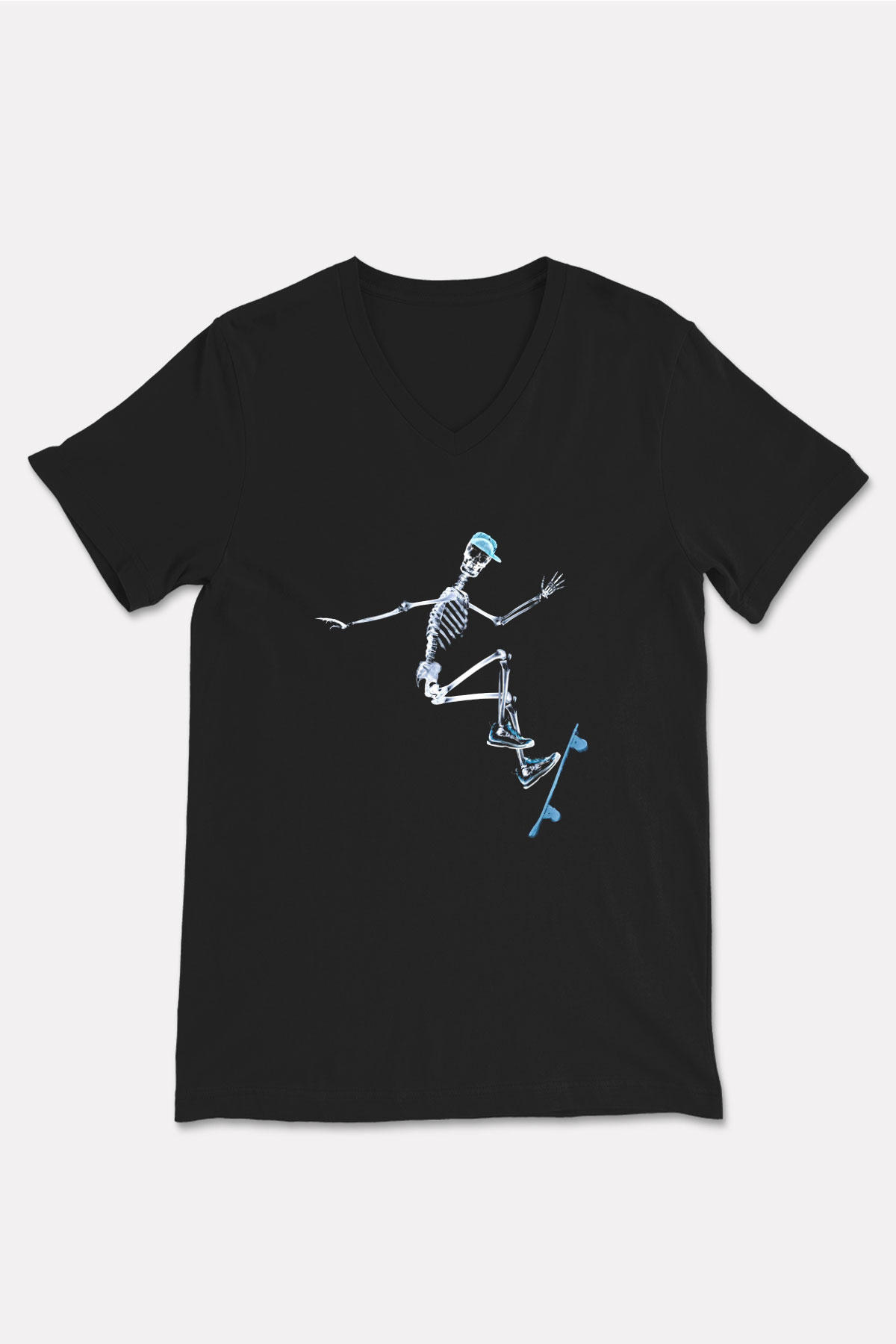 Kaykay - Skateboard Baskılı Unisex Siyah V Yaka Tişört