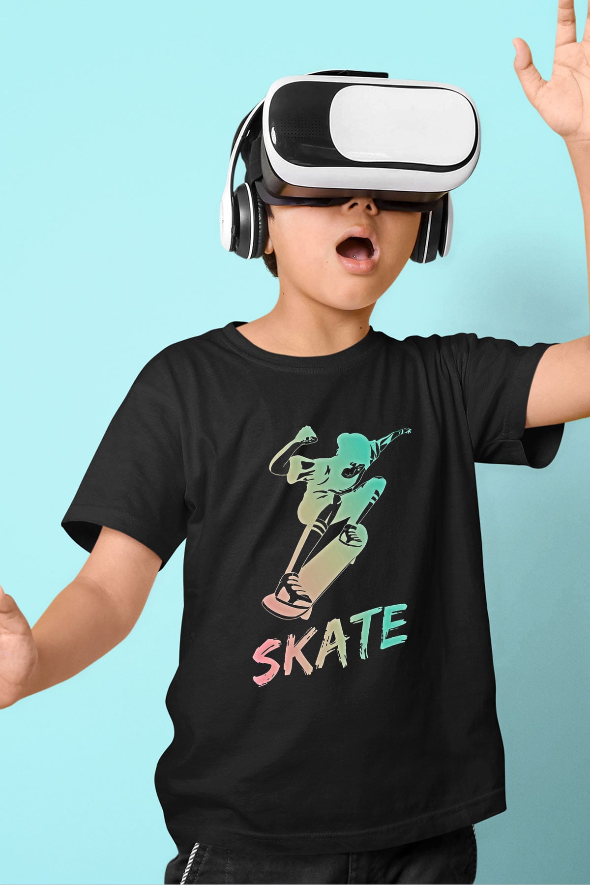 Kaykay - Skateboard Baskılı Unisex Siyah Çocuk Tİşörtü - Tshirt