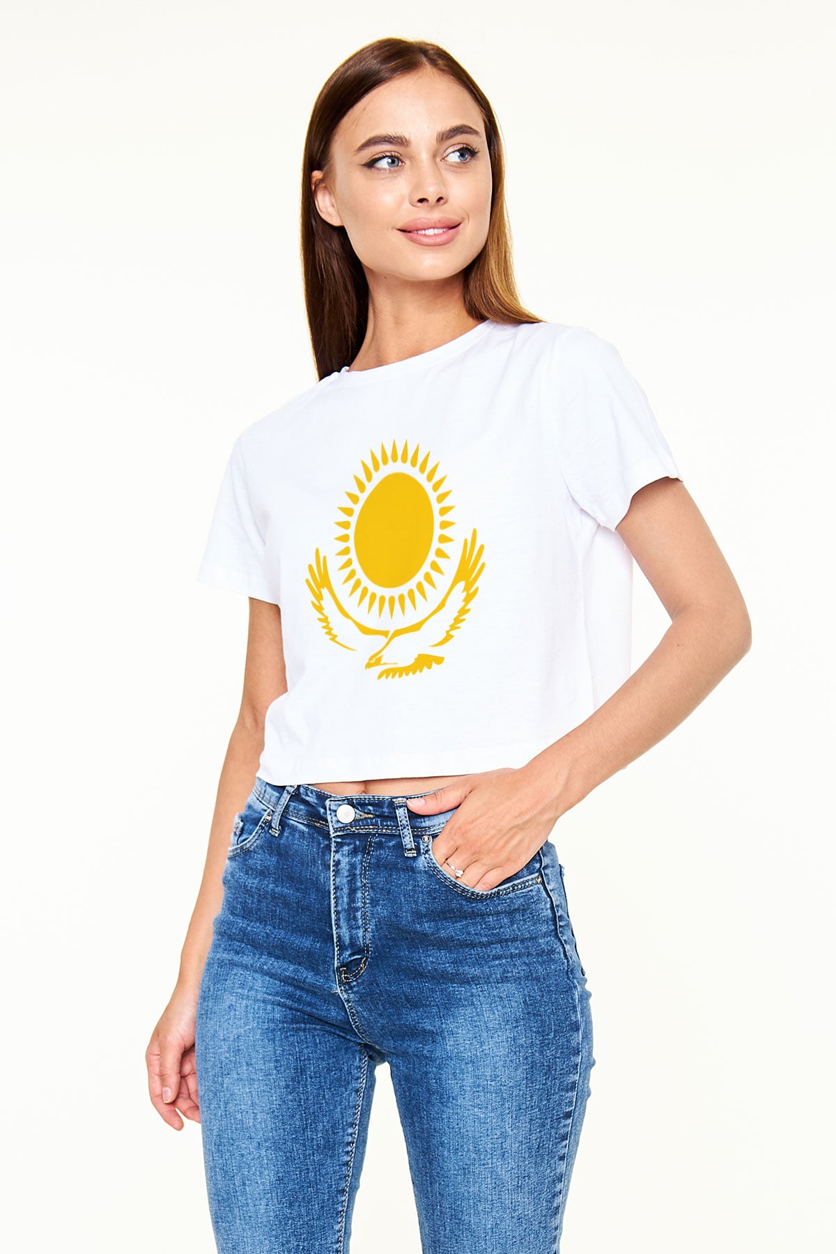 Kazakistan Beyaz Croptop Tişört