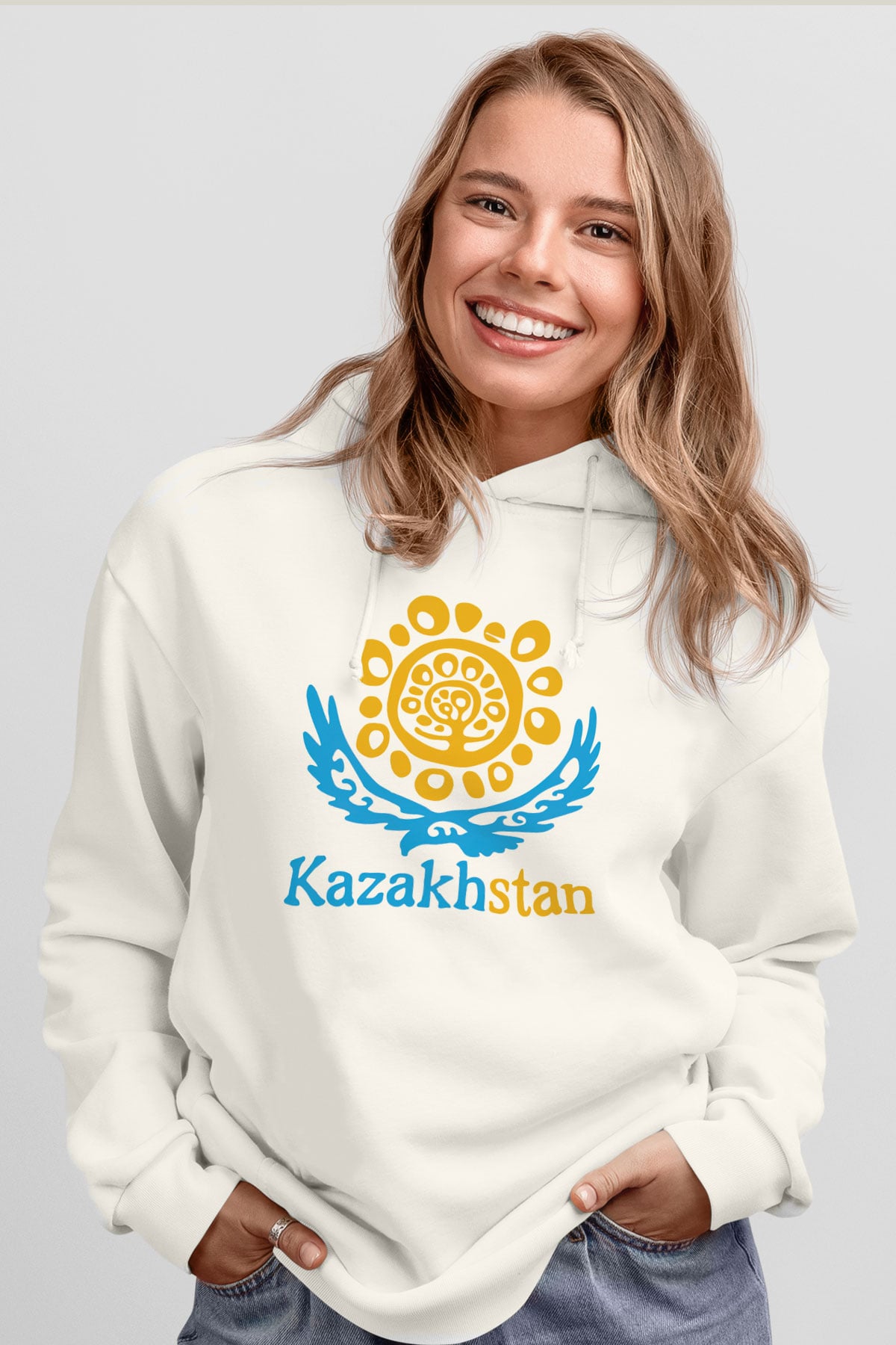 Kazakistan Beyaz Unisex Kapşonlu Sweatshirt