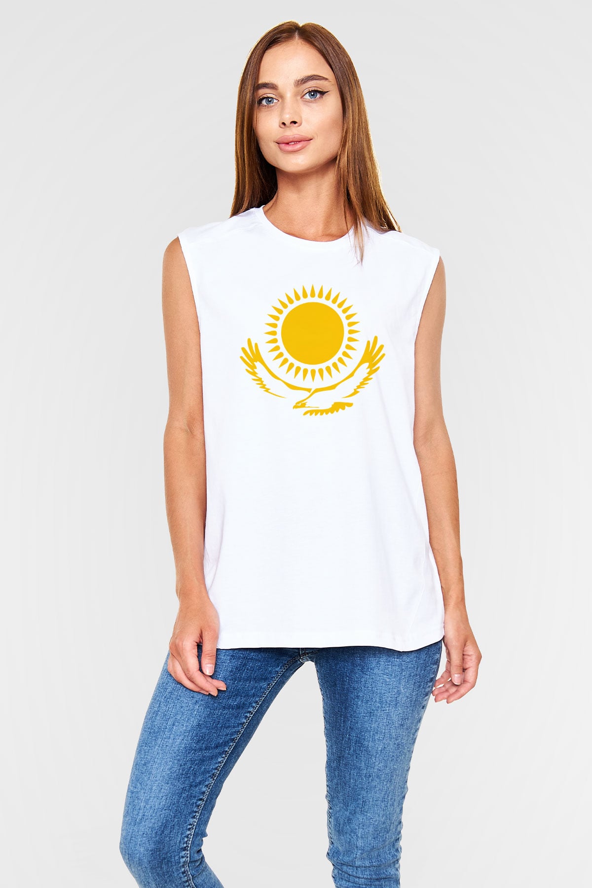 Kazakistan Beyaz Unisex Kolsuz Tişört
