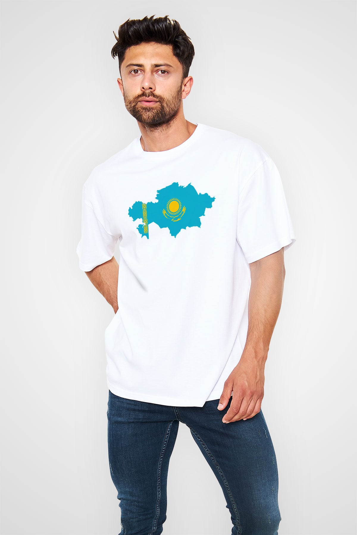 Kazakistan Beyaz Unisex Oversize Tişört T-Shirt