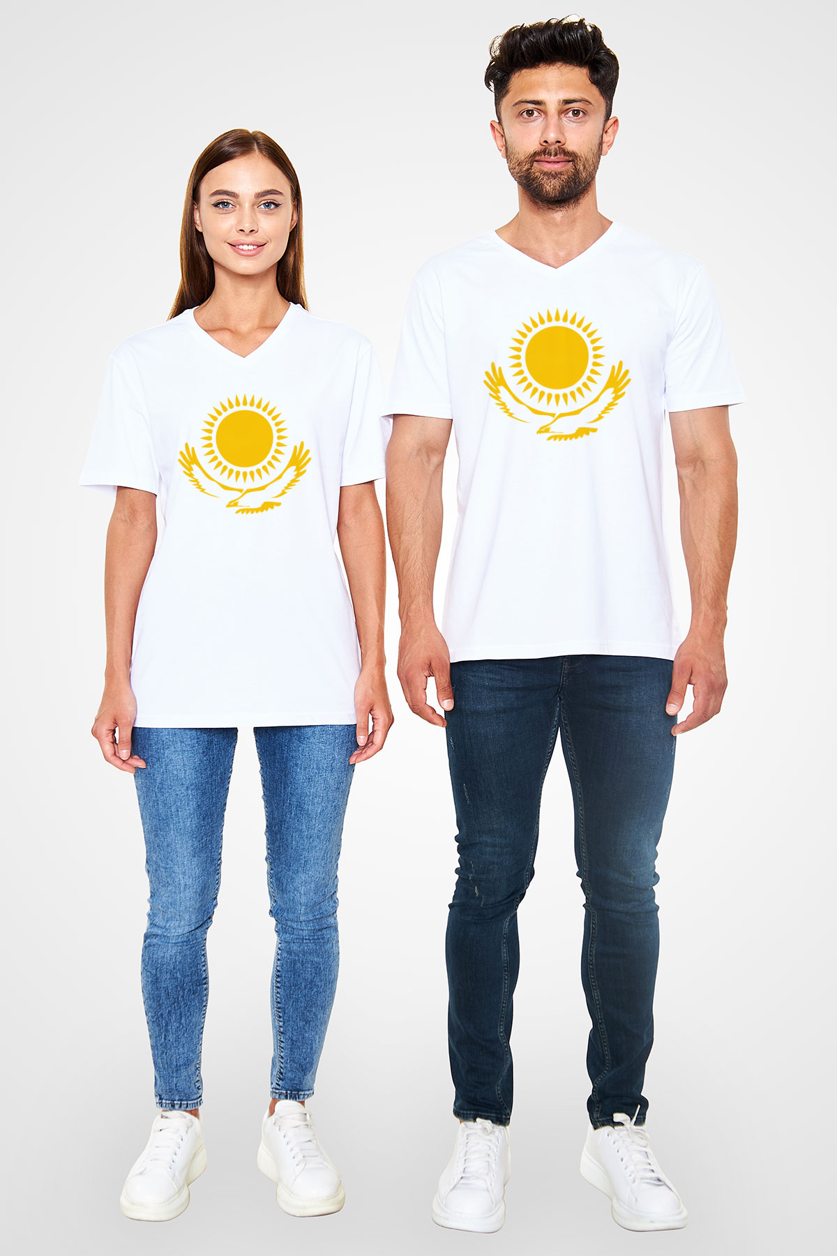 Kazakistan Beyaz Unisex V Yaka Tişört T-Shirt
