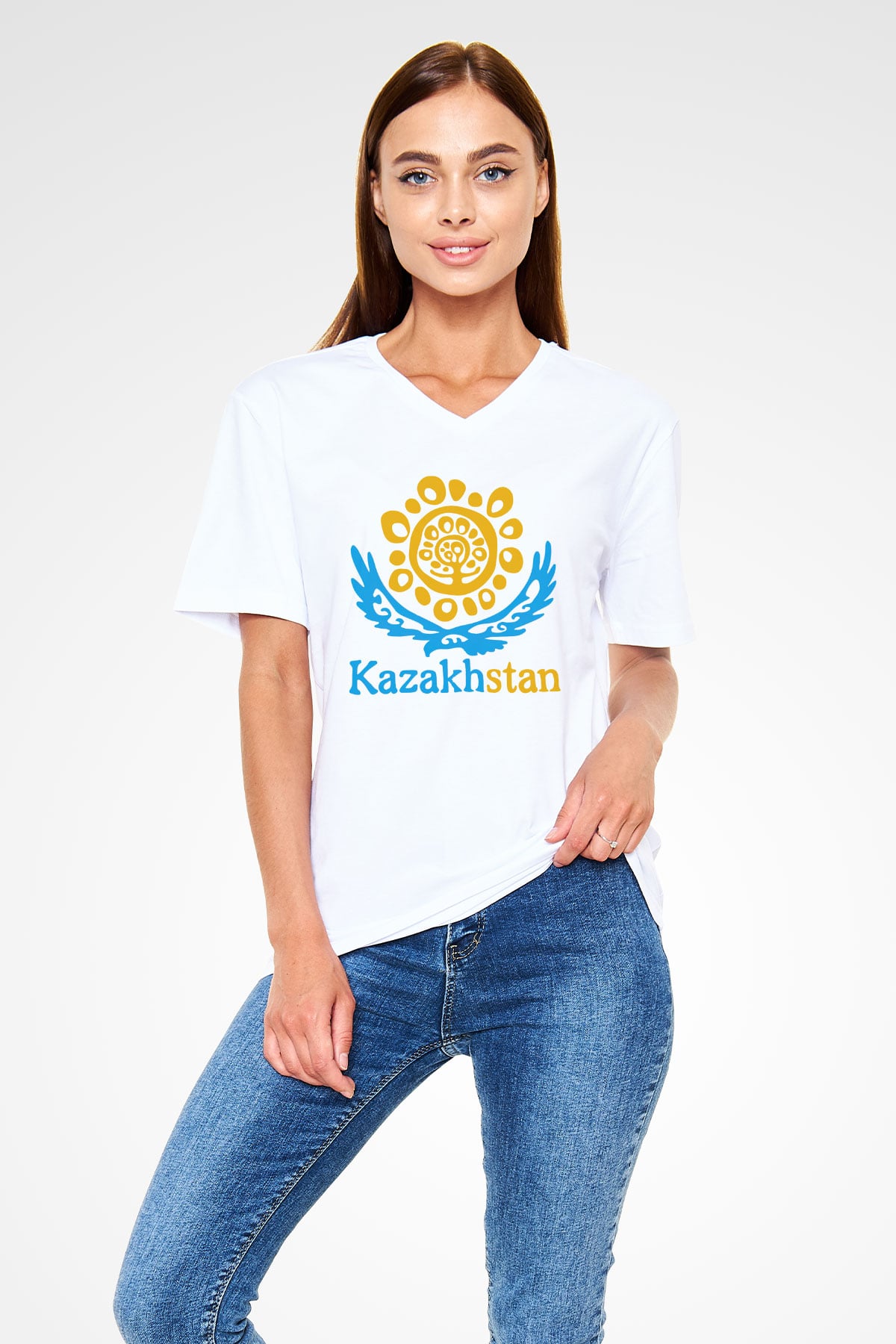 Kazakistan Beyaz Unisex V Yaka Tişört T-Shirt