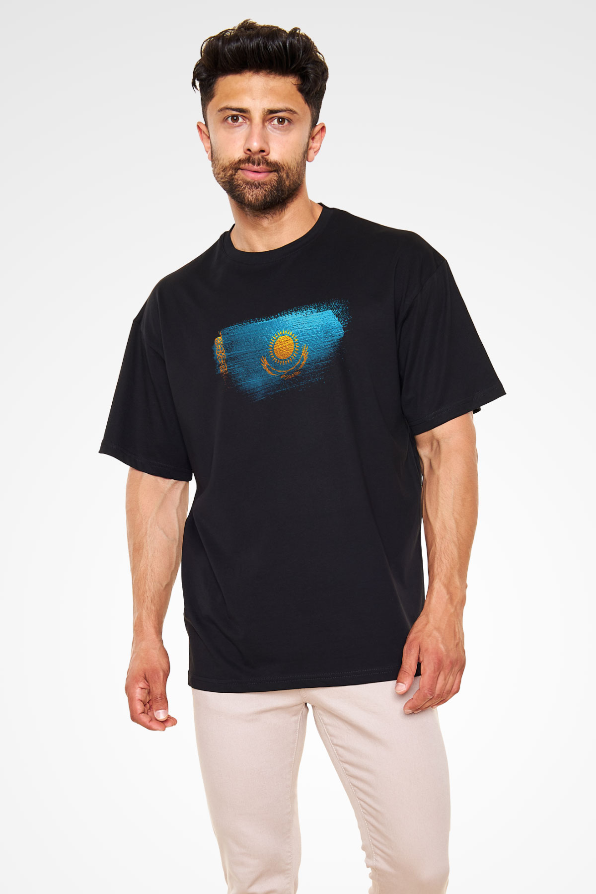 Kazakistan - Kazakhstan Bayrağı Baskılı Unisex Siyah Oversize Tişört