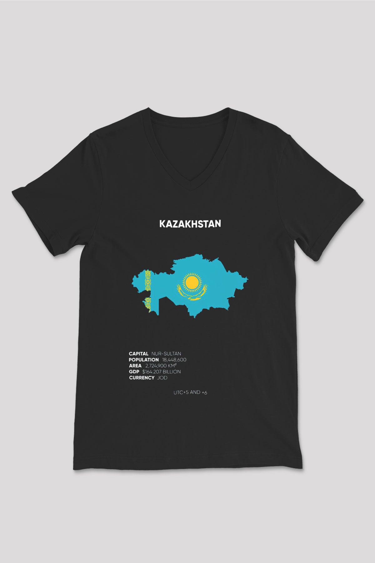 Kazakistan Siyah Unisex V Yaka Tişört