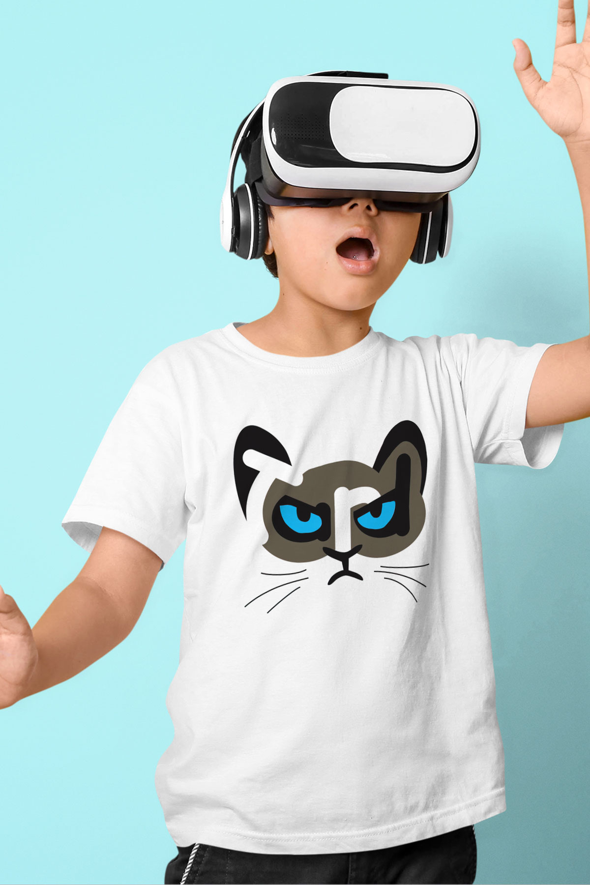 Kedi Baskılı Beyaz Unisex Çocuk Tişört