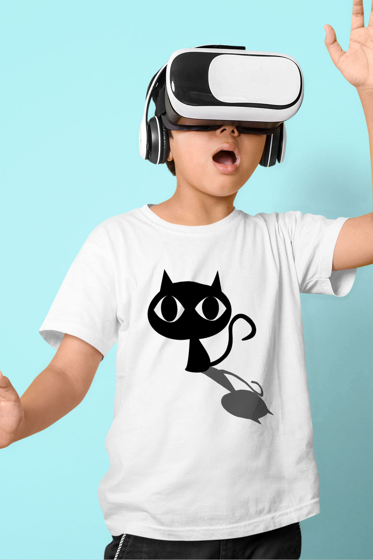 Kedi Baskılı Beyaz Unisex Çocuk Tişört